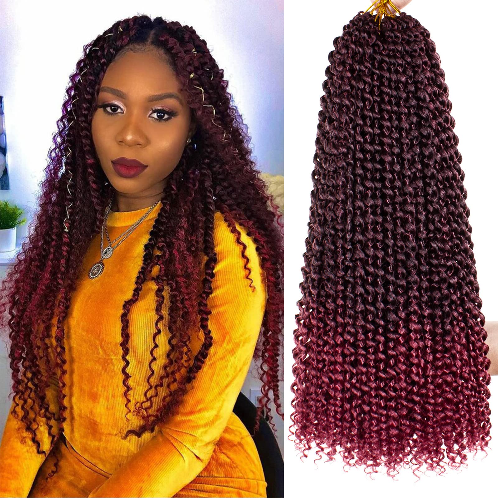 Leeven 18 Inch Passion Twist Crochet Hair 7 Packs Ombre Burgundy Water Wave Crochet Braids Hair For Butterfly Locs Synthetic Lon
