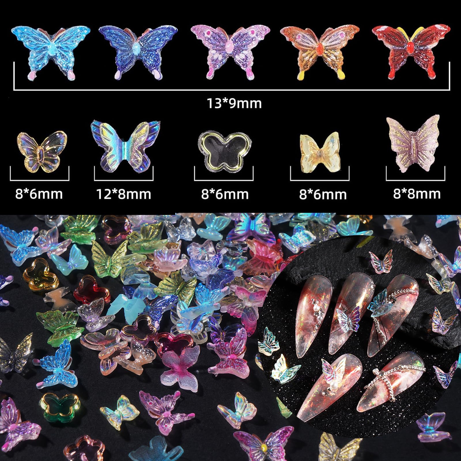 200 Pcs Acrylic Butterfly 3D Assorted Nail Charms Mixed Color Variety Butterfly Cute Nail Art Charms for Manicure DIY Crafts Acc