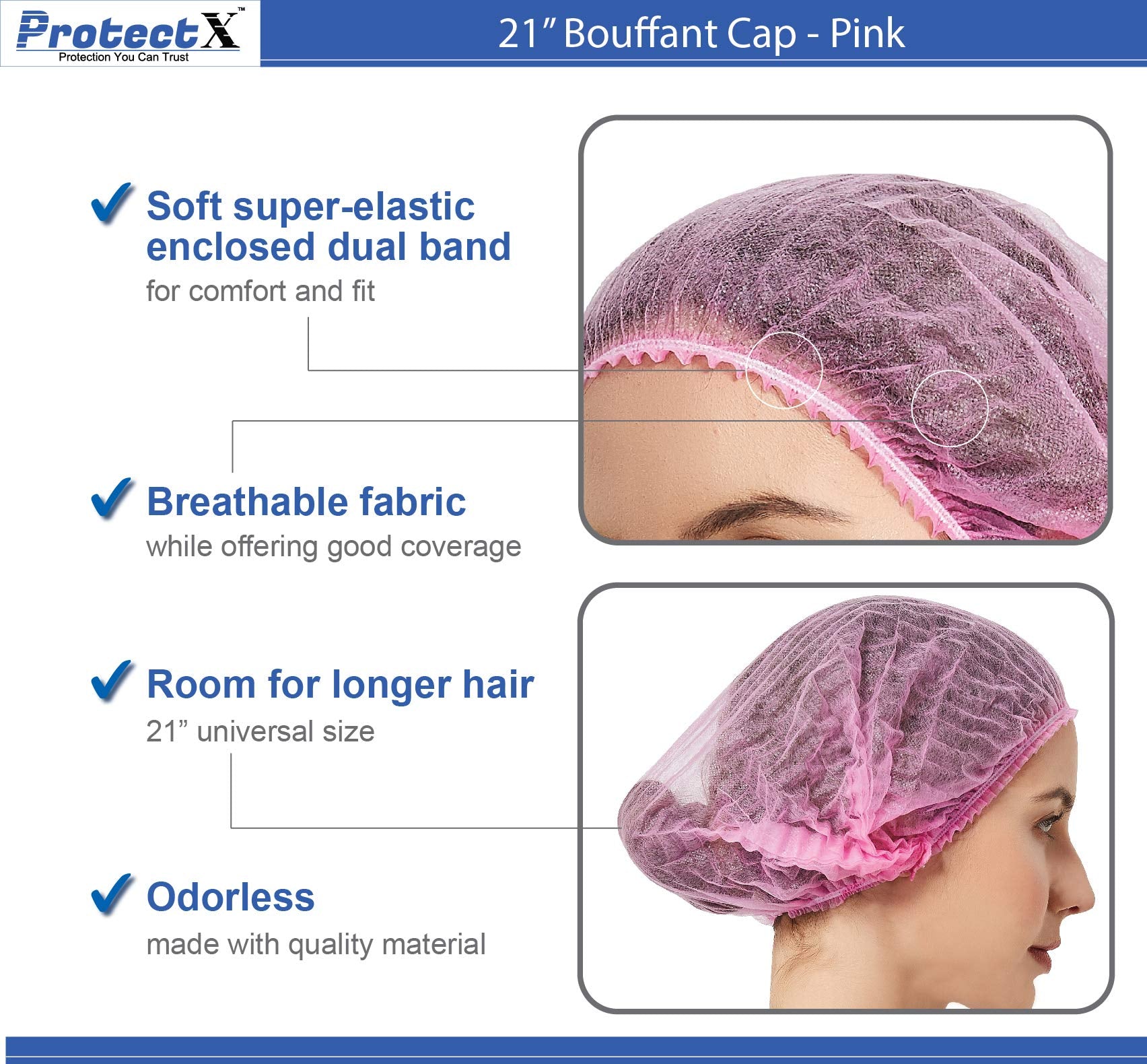 ProtectX 500-Pack Pink Disposable Hair Nets, Elastic Head Cover, Bouffant Caps, Sanitation Head Cover for Food Service, Spa Men