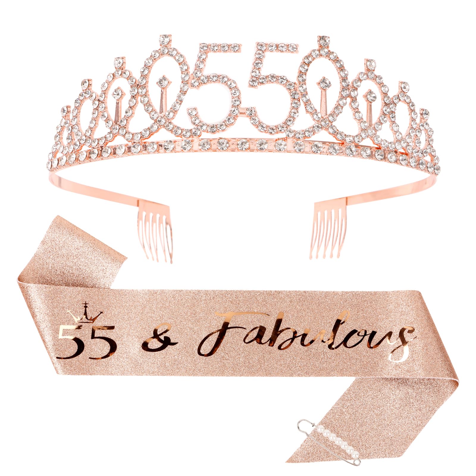 CIEHER 55th Birthday Crown + 55th Birthday Sash + Pearl Pin Set,55 & Fabulous Birthday Sash, 55 Birthday Tiara, 55th Birthday De