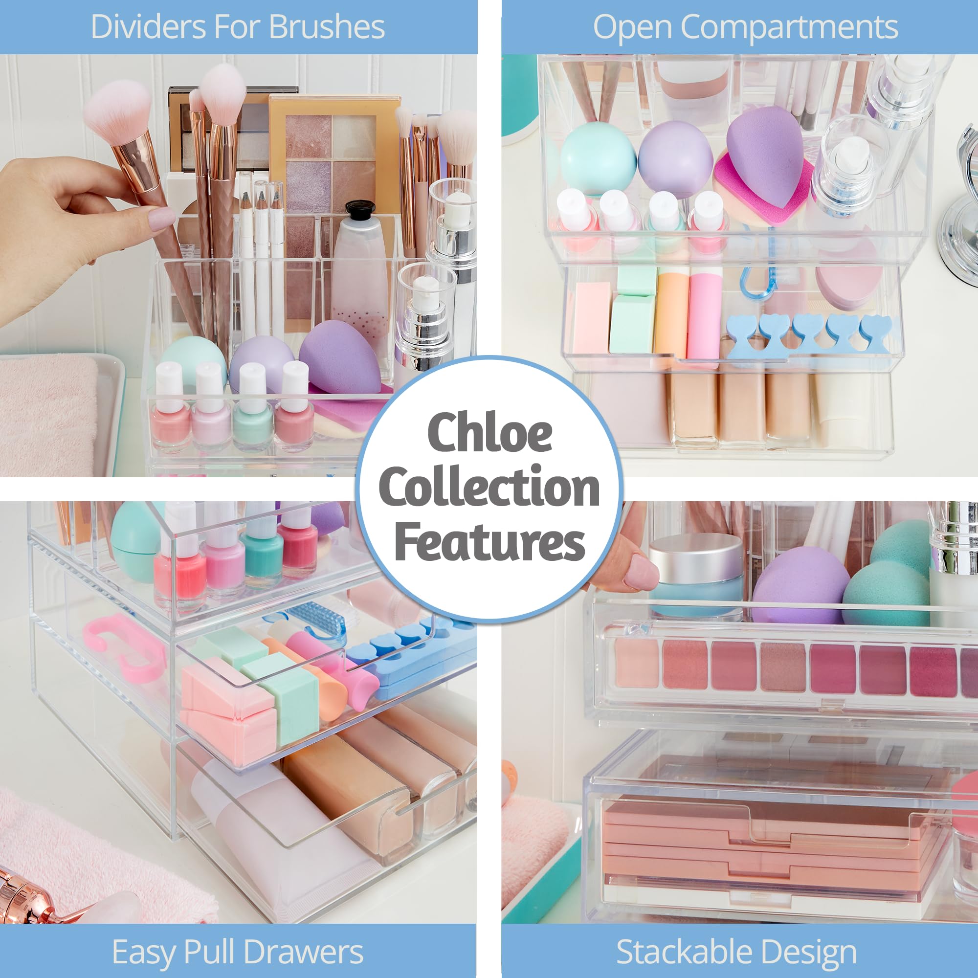 Stori Chloe Stackable Clear Makeup Holder And Double Organizer Drawer Set  Organize Cosmetics And Beauty Supplies  Made In Usa
