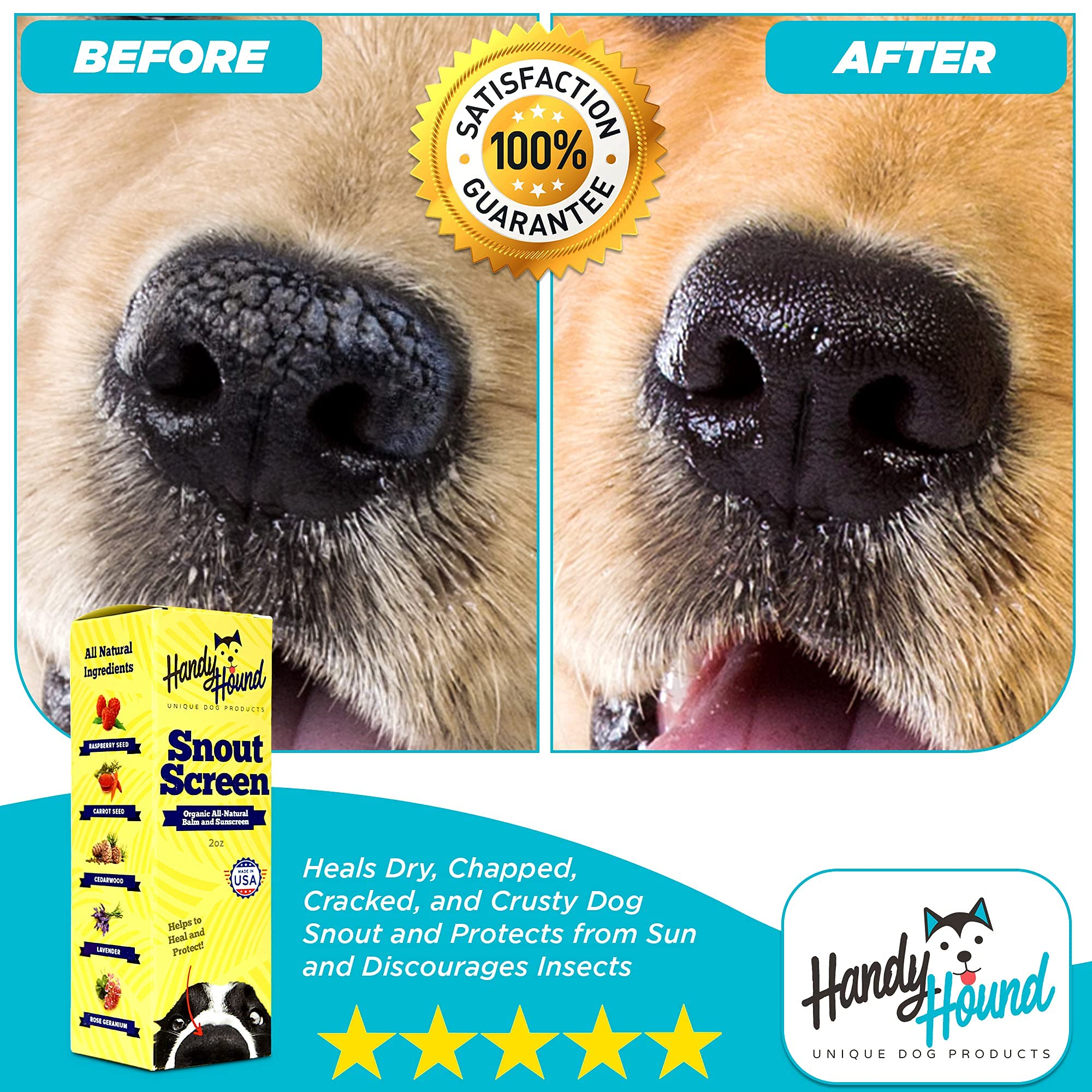 Handy Hound Snoutscreen - All-Natural Organic Vet-Recommended Dog Nose Balm And Paw Balm With Natural Sunscreen - Made In The Us