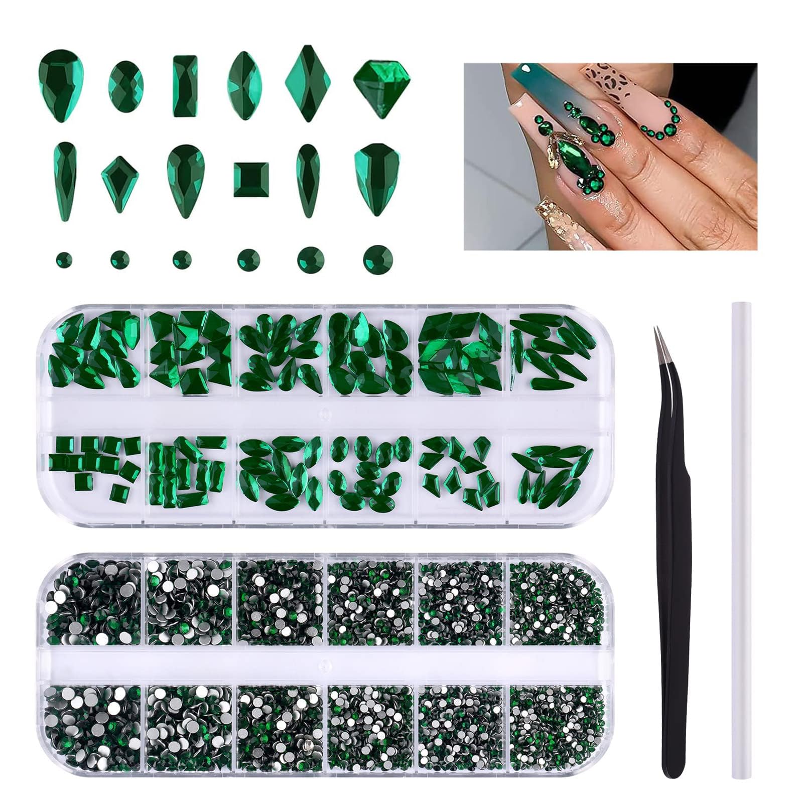 EBANKU 3120 Pcs Green Gems Nail Art Rhinestone Kit, Emerald Green Rhinestones Nail Art Crystal Flatback Diamond Jewels with Twee