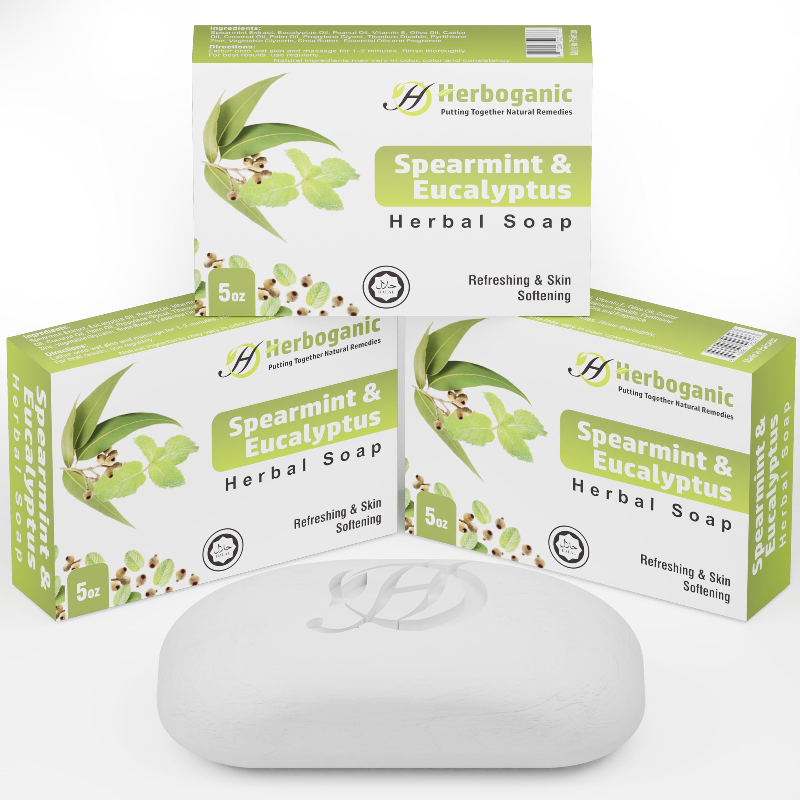 HERBOGANIC Spearmint and Eucalyptus Herbal Soap | Pack of 3 of 5oz soap Bar | Natural Bar Soap for Face and Body | Hydrating and