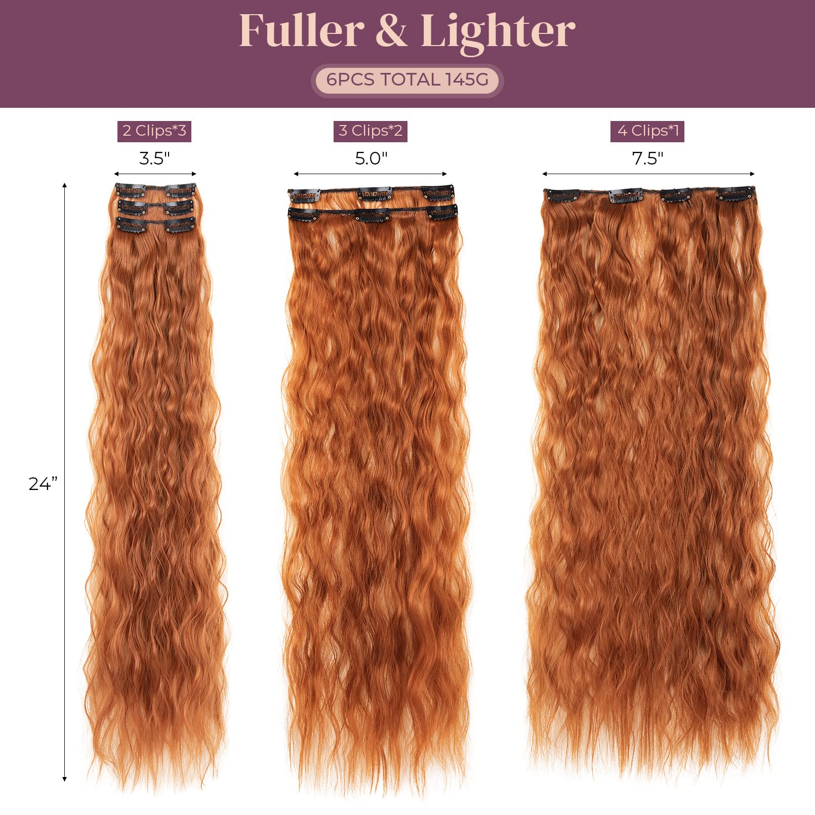 Lonai Clip In Hair Extensions, 6Pcs Curly 24'' Long Synthetic Clip On Hairpiece For Women-Copper Red