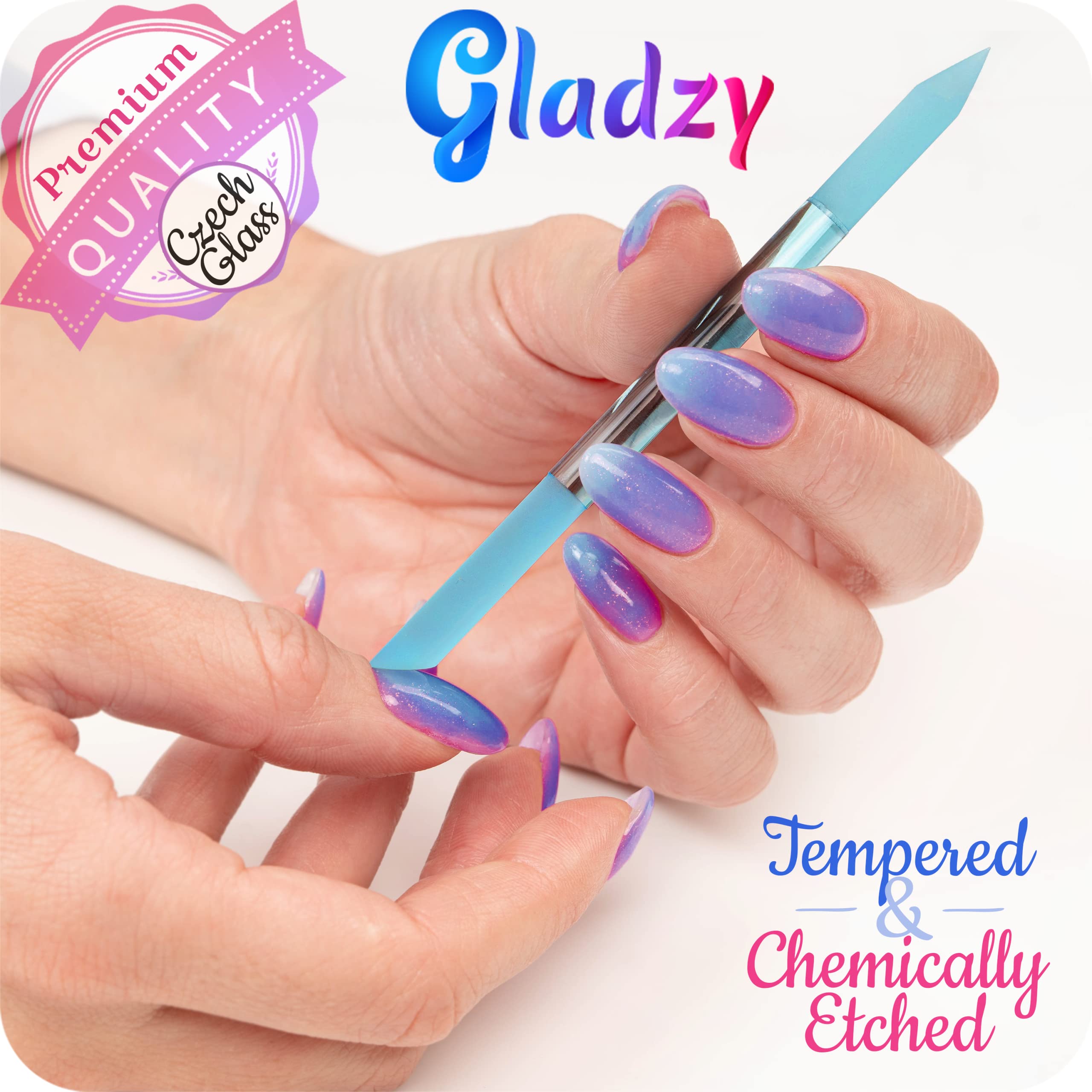Glass Cuticle Pusher by GLADZY    - Manicure Stick Professional Nail Care Set, Precision Filing Cuticle Remover, Etched Surface