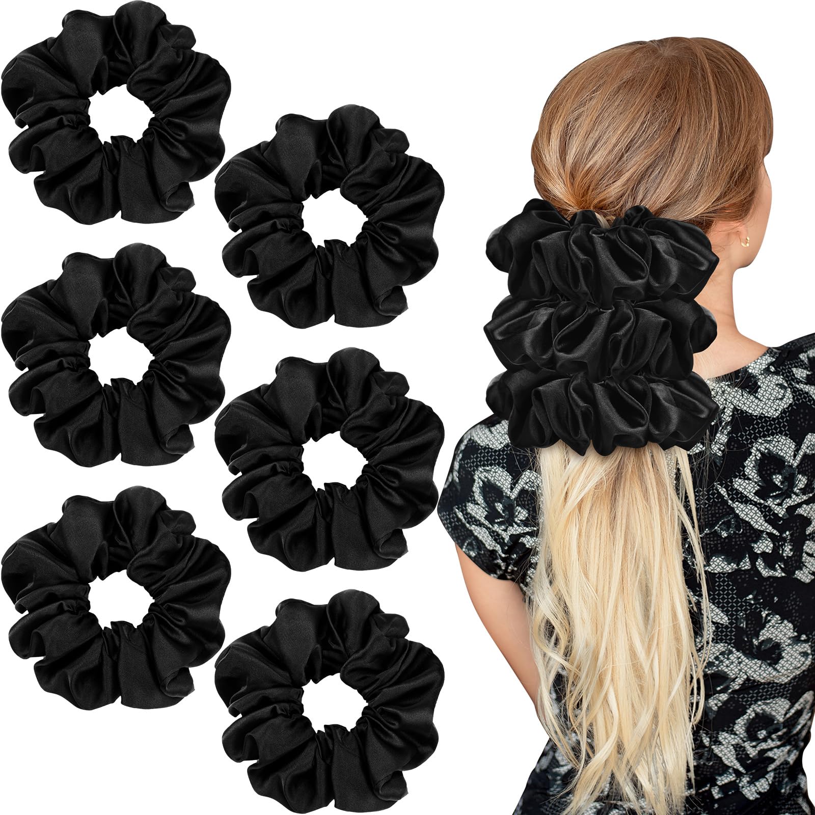 Chuangdi 6 Pieces Big Satin Scrunchies for Women, Jumbo Silk Scrunchies Thick Elastic Jumbo Hair Tie(Black)