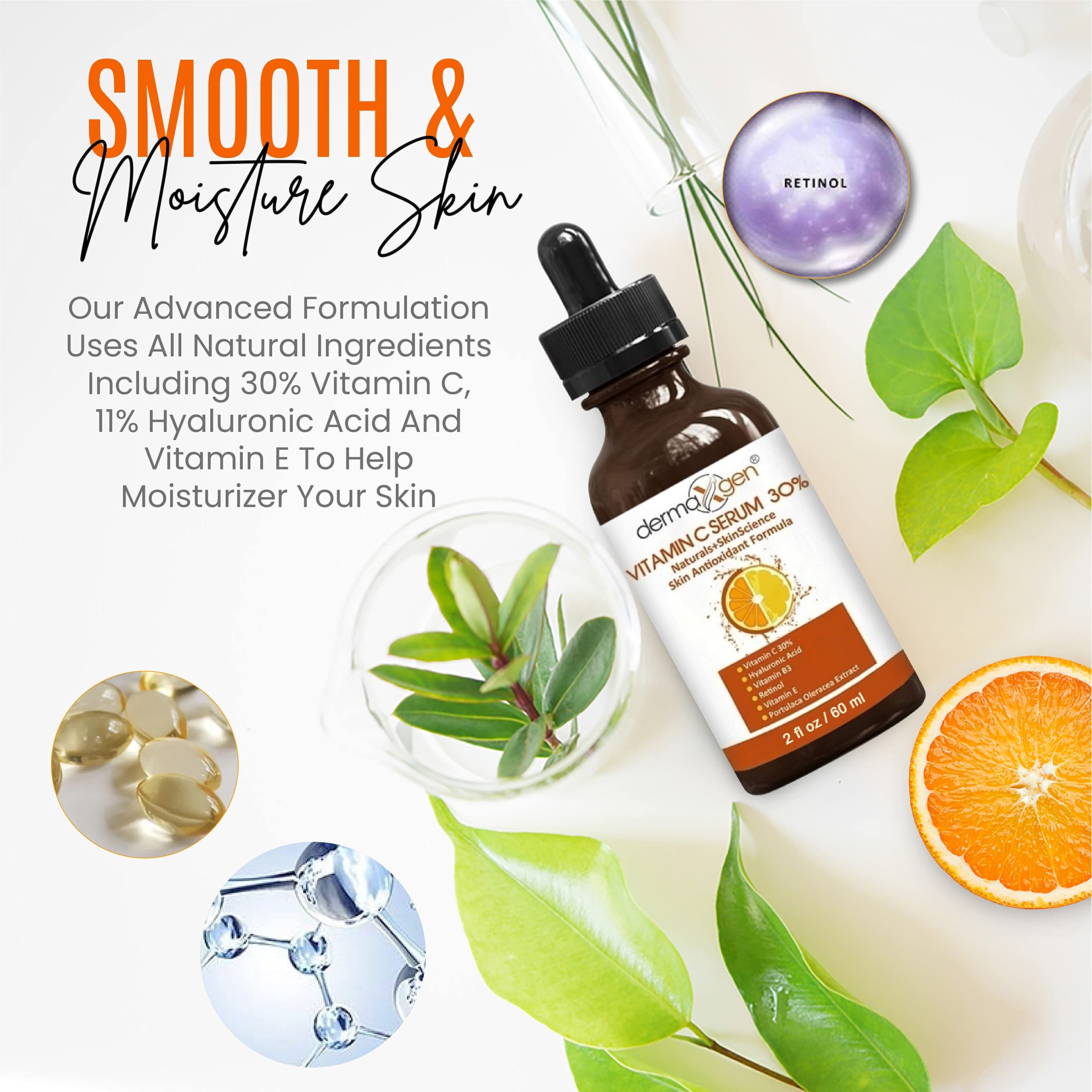 Dermaxgen 30% Vitamin C Serum For Face, Hyaluronic Acid & Vitamin E - Natural & Organic Anti Wrinkle & Skin Rejuvenator Moisturi