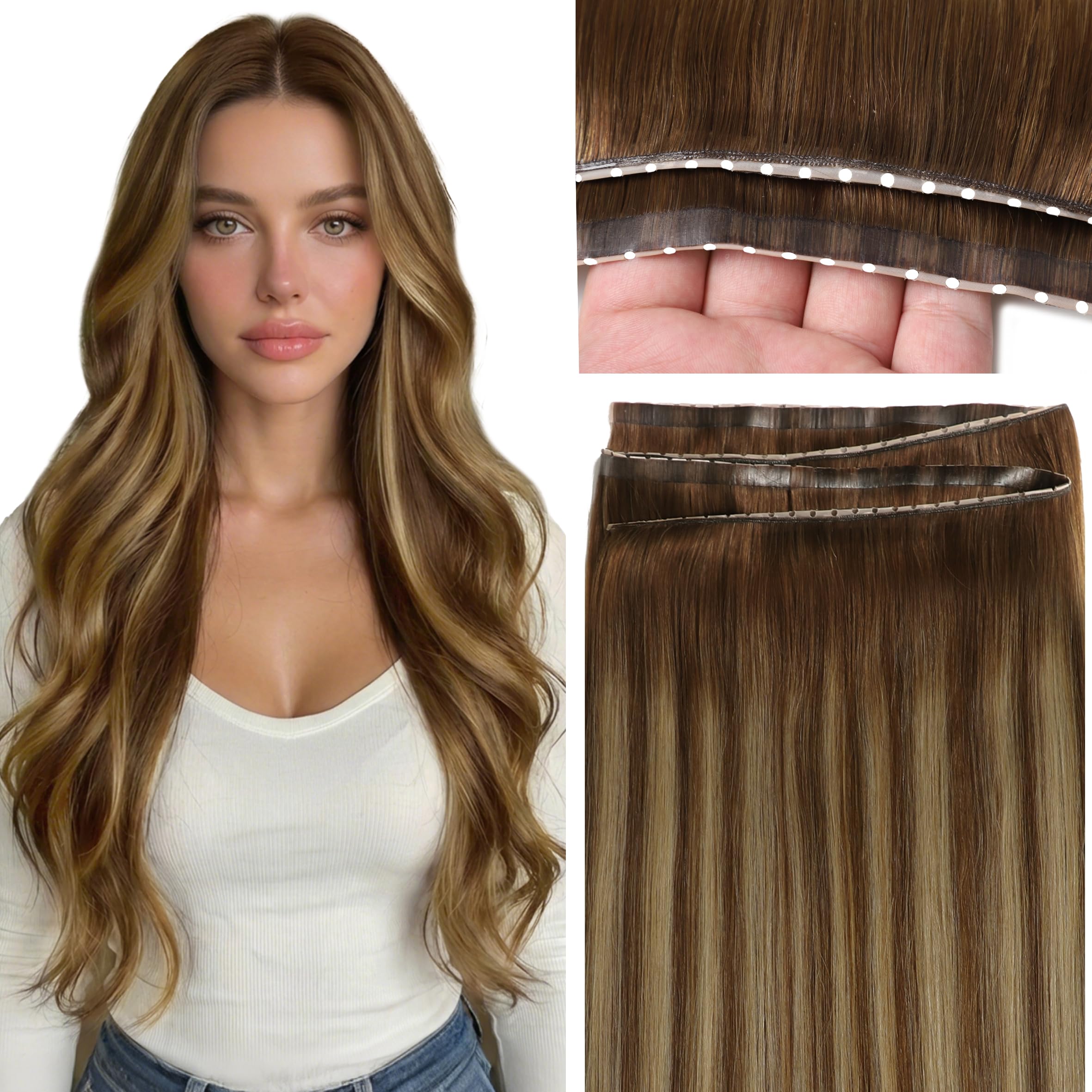 Caliee Butterfly Extensions Human Hair Chocolate Brown with Caramel Blonde Soft Glueless Invisible OVO Weft PU Hole 20 Inch One 