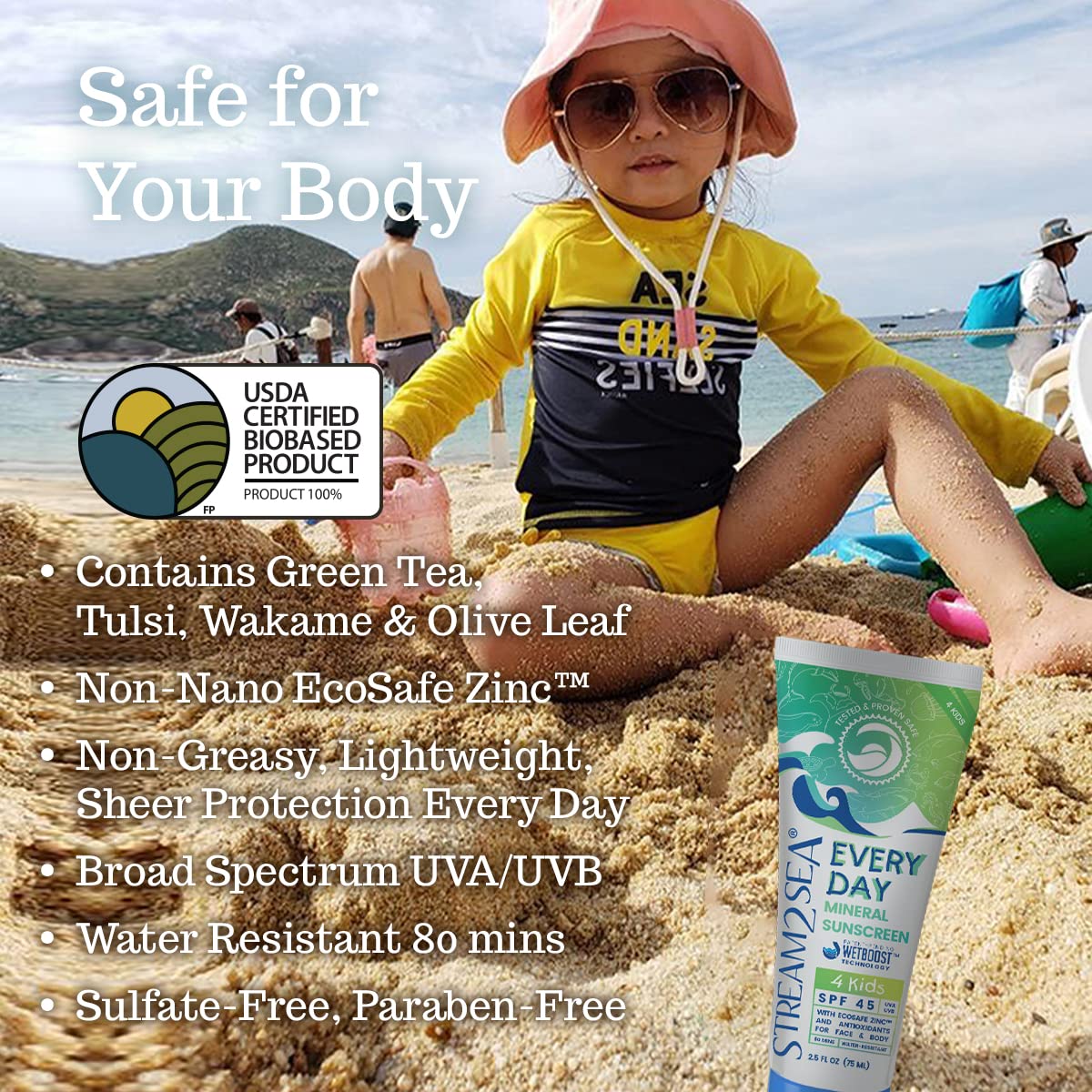 Spf 45 Every Day Kids Mineral Sunscreen | 2.5 Fl Oz Biodegradable, Paraben Free & Reef Safe Sunscreen For Face & Body For Kids |