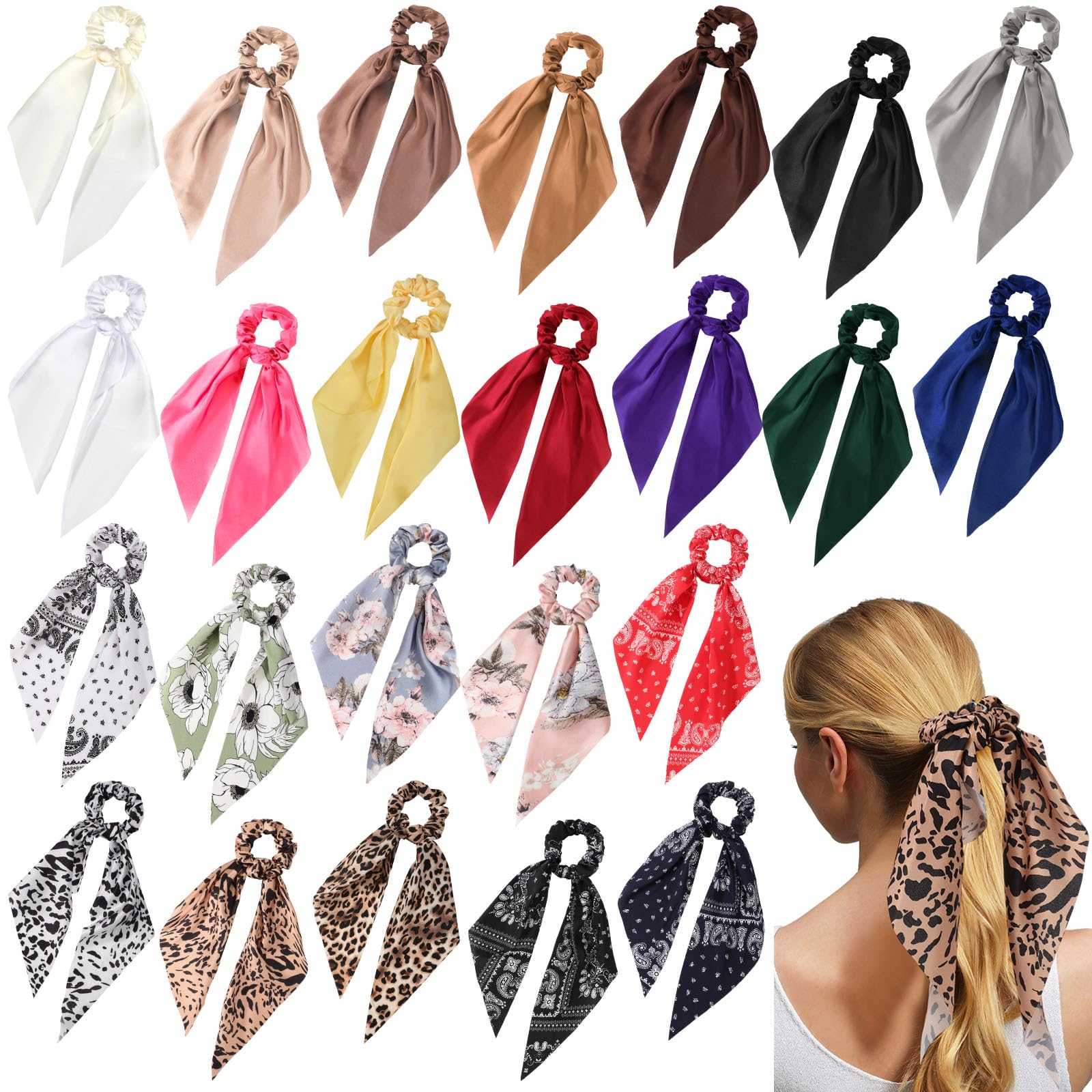 Yuxung 24 Pcs Hair Scarf Scrunchies with Ribbon Knotted Bow Hair Ties Bands Bulk Elastic Ponytail Holder Stylish Accessories for