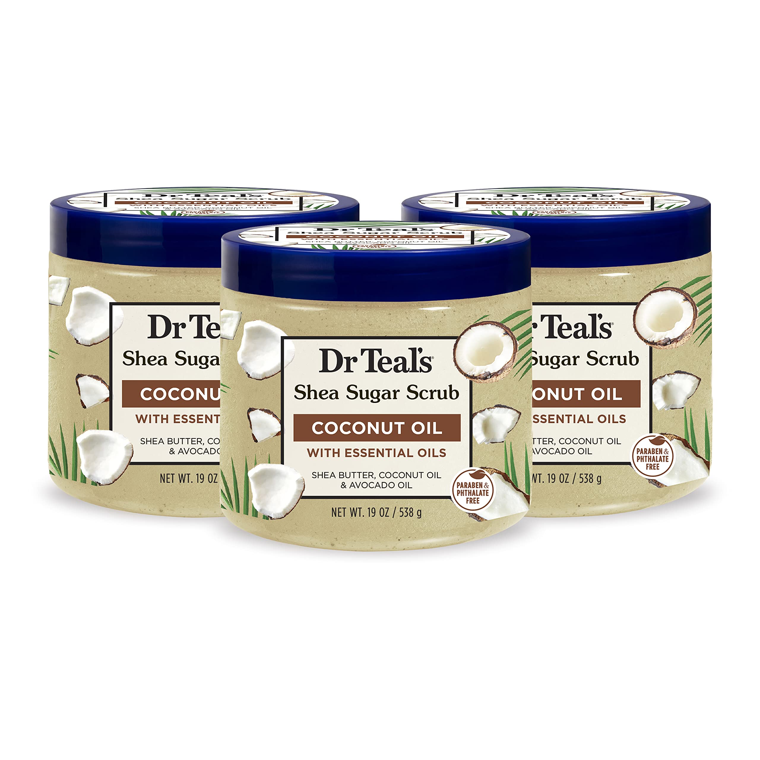 Dr Teal's Shea Sugar Body Scrub, Coconut Oil with Essential Oils, 19 oz (Pack of 3)