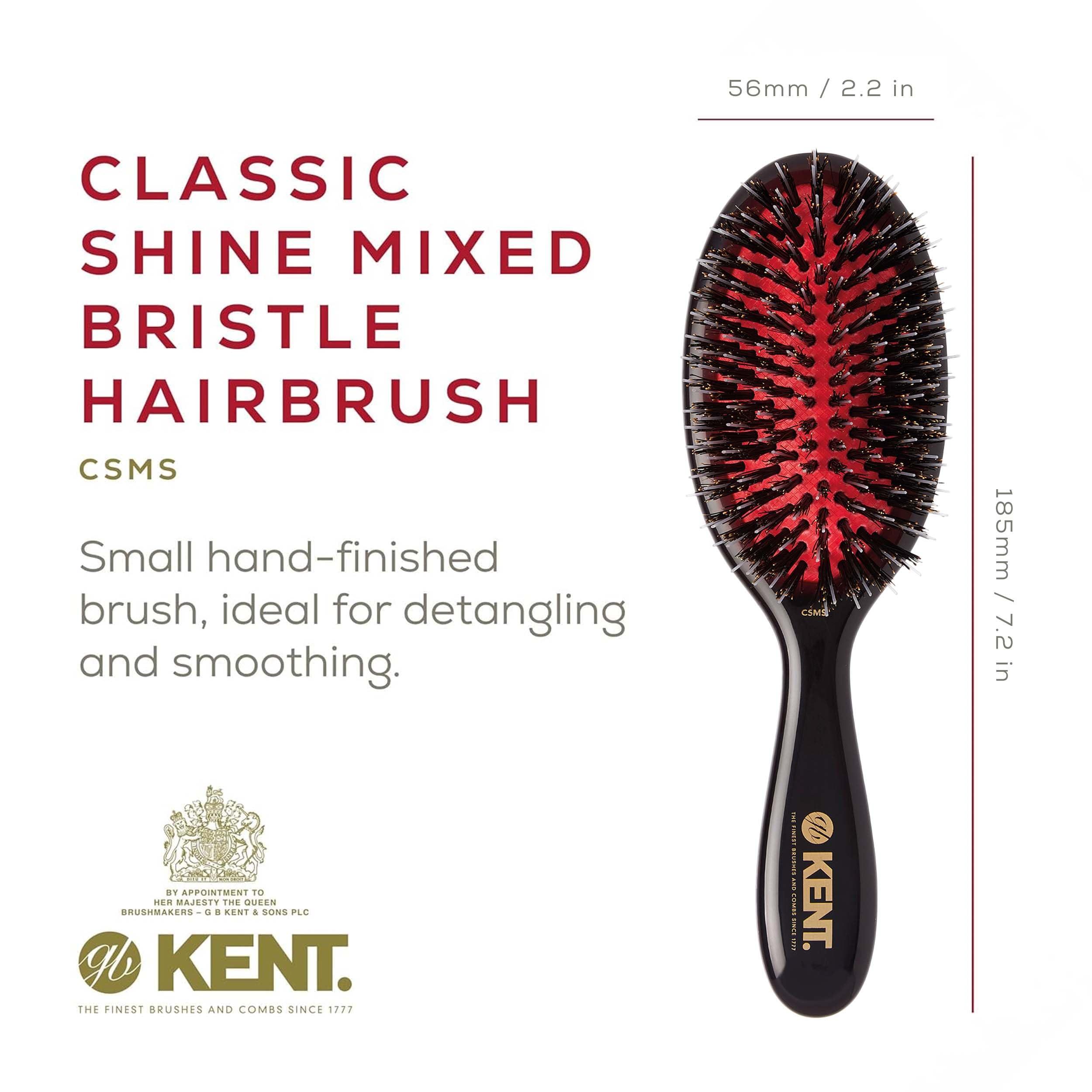 Kent CSMS Classic Shine Small Oval Cushion Straightening Brush - Natural Black Boar Bristle Hair Brush with Nylon Quills - Shine
