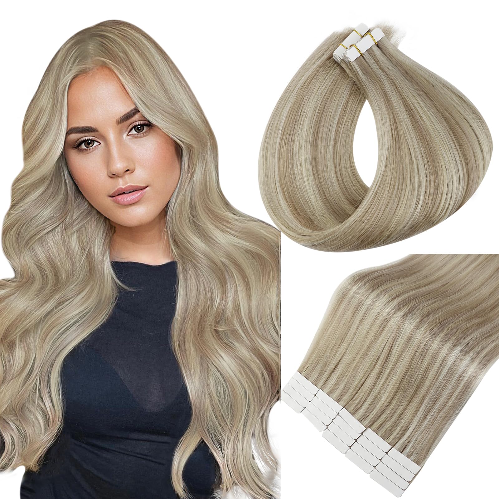 Full Shine Remy Tape In Hair Extensions Color 18 Ash Blonde And 613 Blonde Invisible Tape In Extensions 16 Inch Straight Tape In