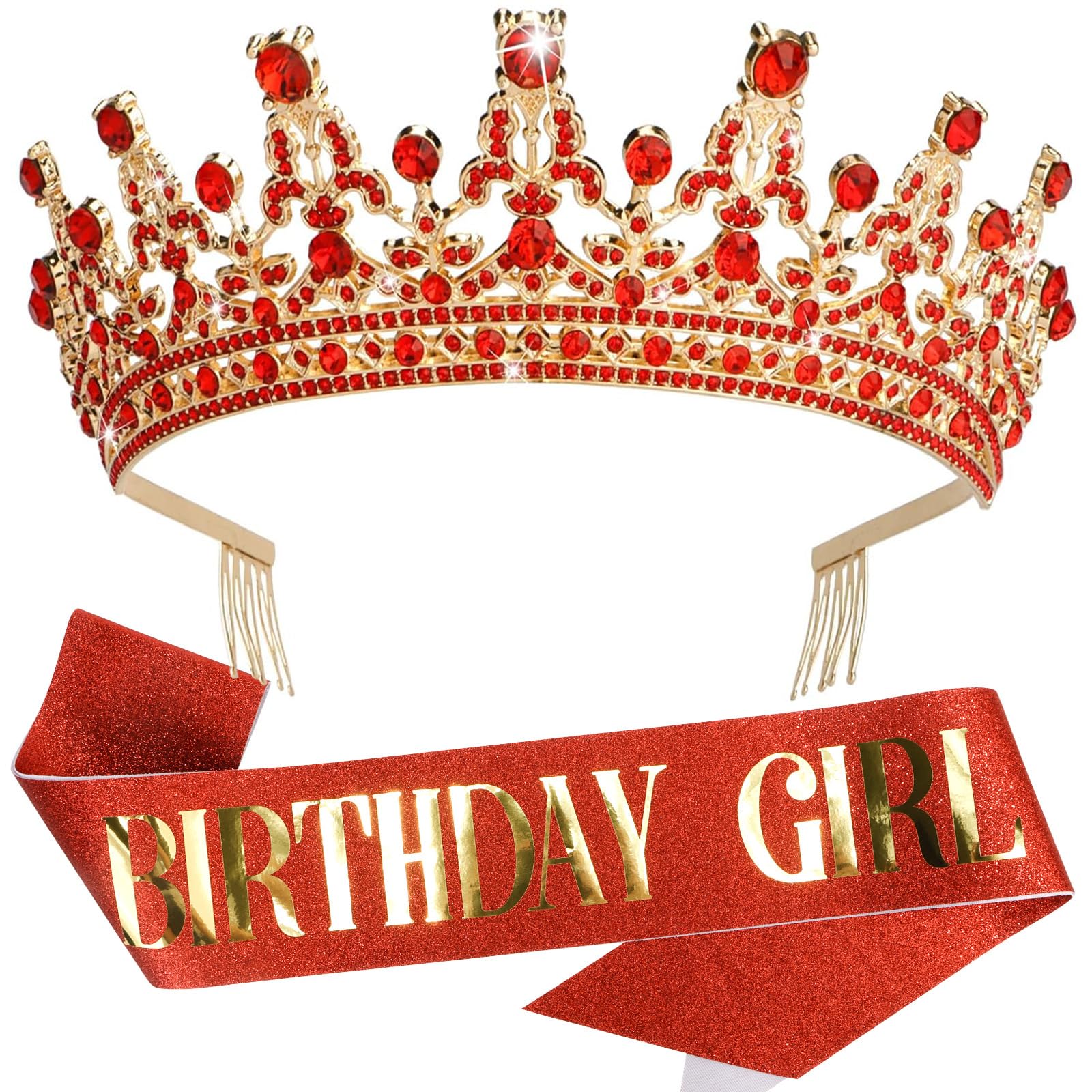 COCIDE Birthday Tiara and Crown for Women Birthday Sash for Girls Birthday Decorations Set Rhinestone Headband Crystal Hair Acce
