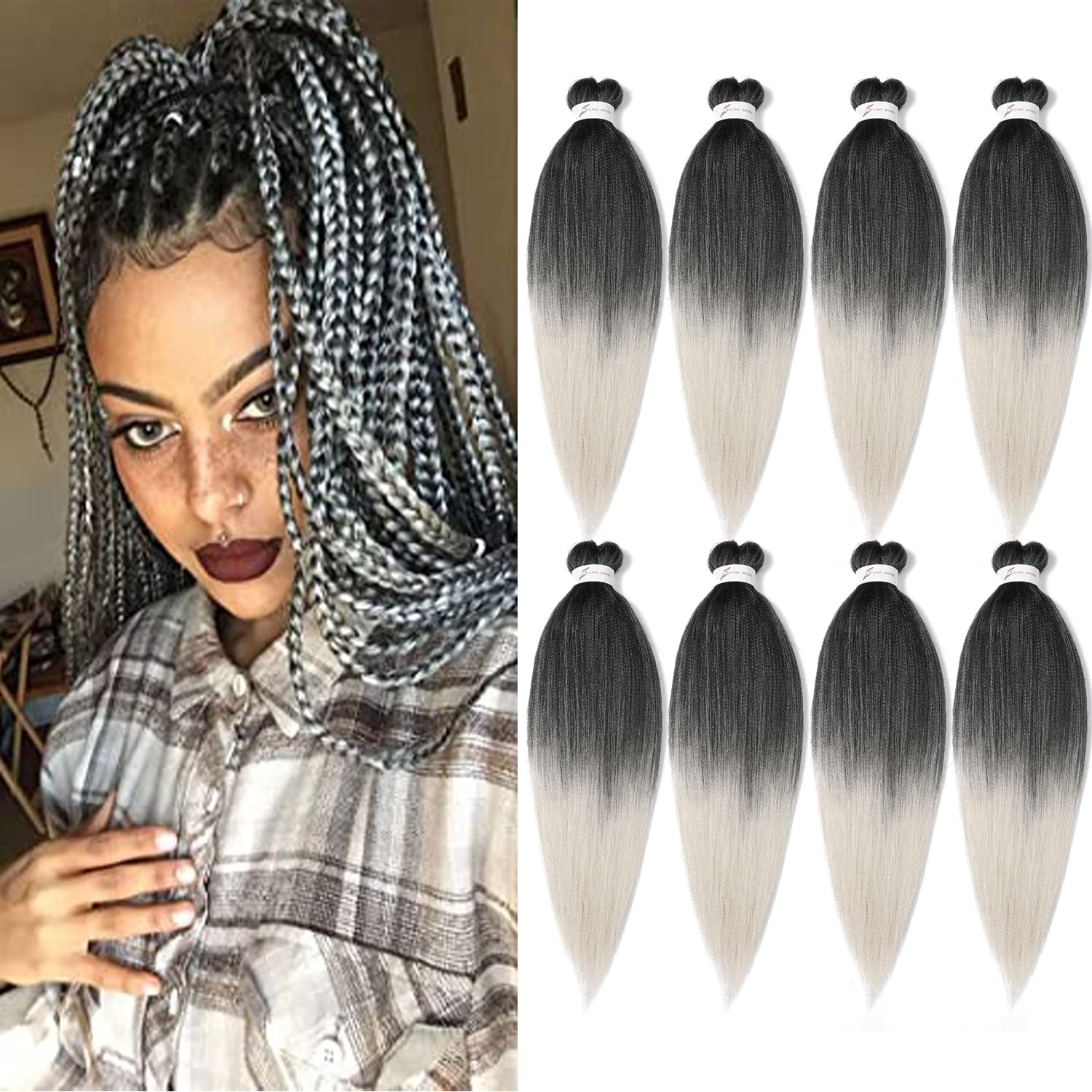Braiding Hair Pre Stretched 14 Inch 8 Packs Gray Braiding Hair Yaki Texture, Hot Water Setting, Easy To Install Professional Syn