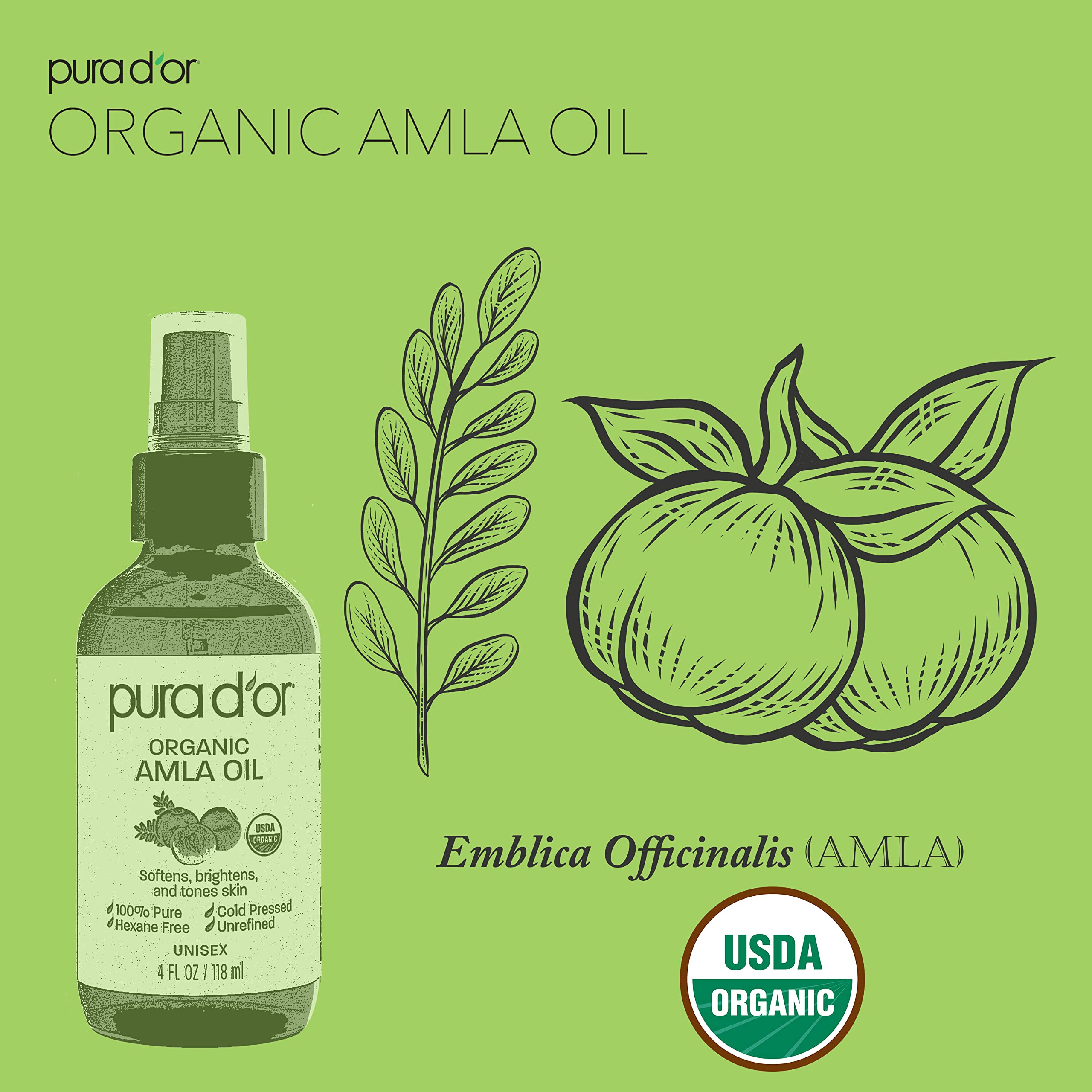 Pura D'Or 4 Oz Organic Amla Oil, 100% Pure Usda Certified Premium Grade Oil, Cold Pressed, Unrefined, Extra Virgin, Indian Hair