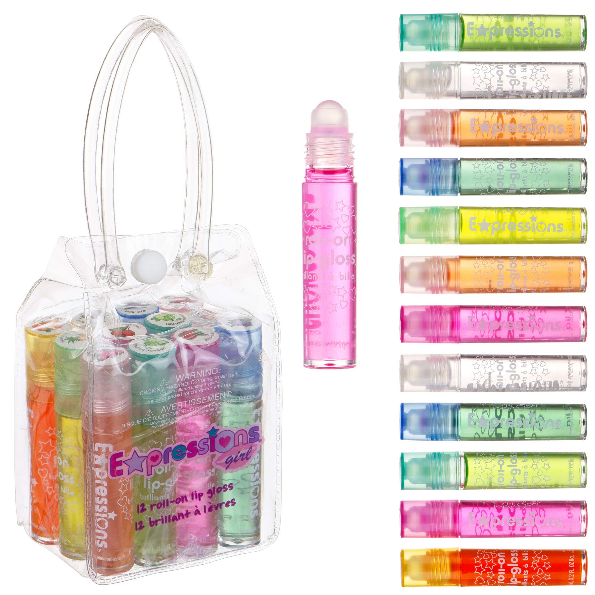 Expressions 12pc Roll On Lip Gloss Set with Carrying Case, Glossy Lip Makeup for Kids and Teens  Fruity Flavors, Non Toxic, Ki