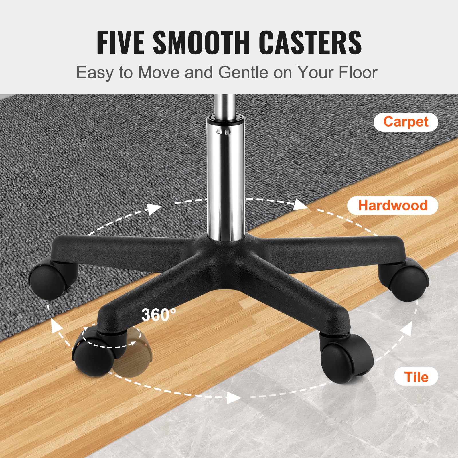 VEVOR Rolling Stool with Wheels, 400 LBS Capacity, Adjustable Height, Black, Nylon, Model PST001, 500x500x460 mm