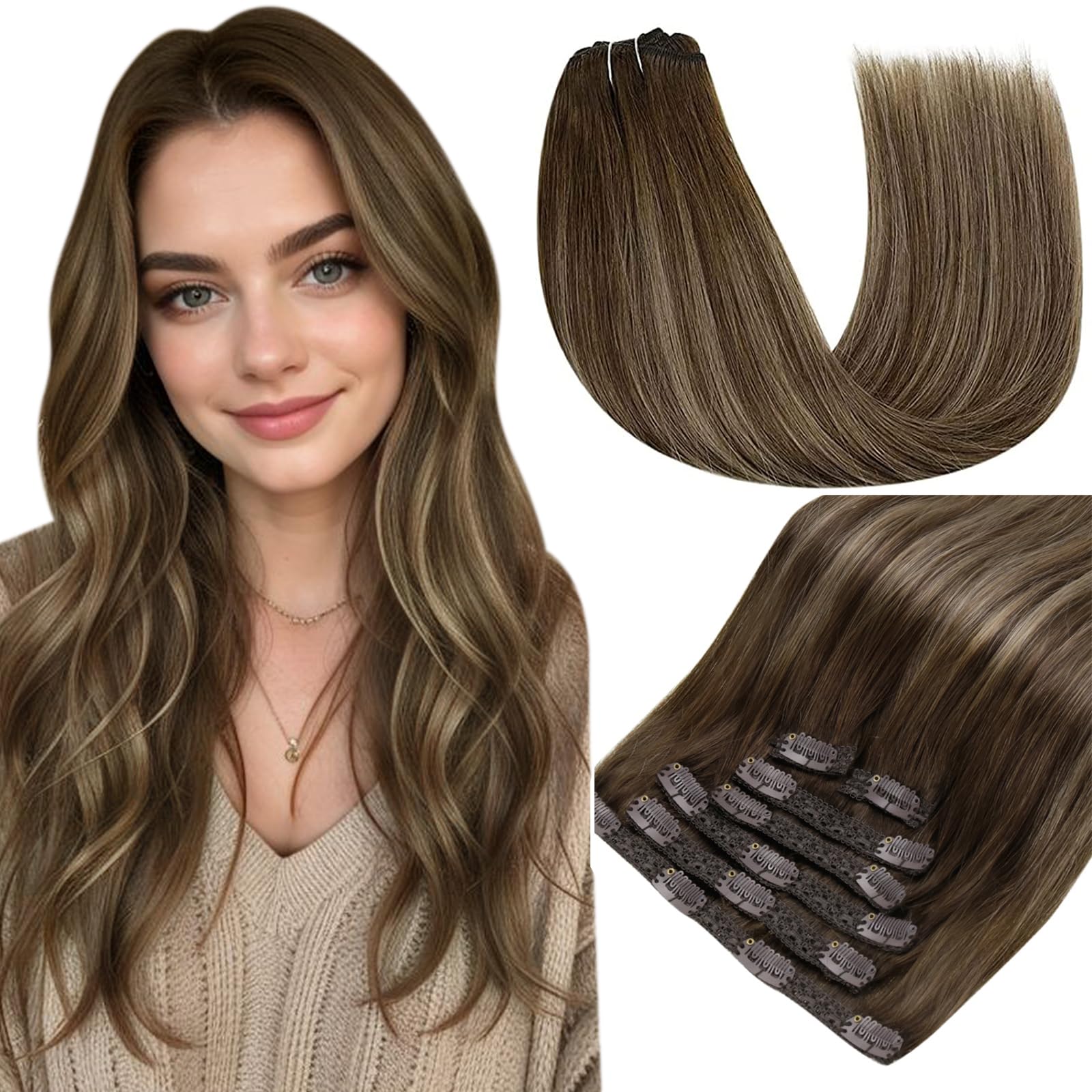 RUNATURE Balayage Hair Extensions Real Human Hair Clip Ins 20 Inch Clip in Hair Extensions Balayage Brown to Blonde Ombre Clip i