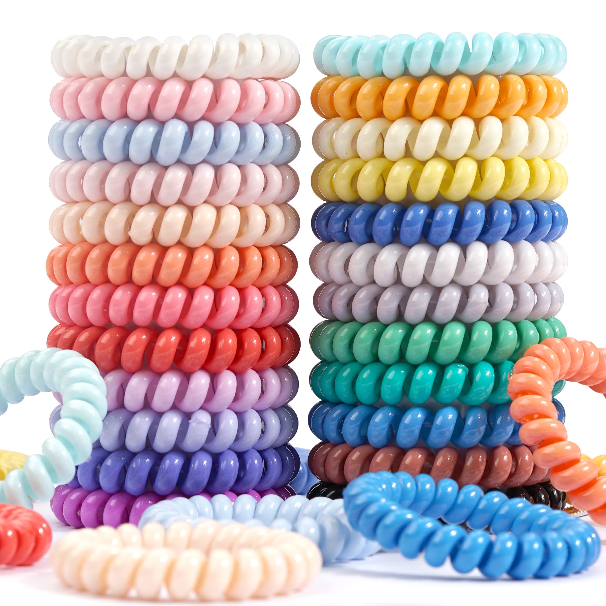 Spiral Hair Ties,Ded 24Pcs No Crease Coil Ties,Spiral Bracelets Coils Elastics,Soild Colors Phone Cord Ponytail Holders Bands Ac