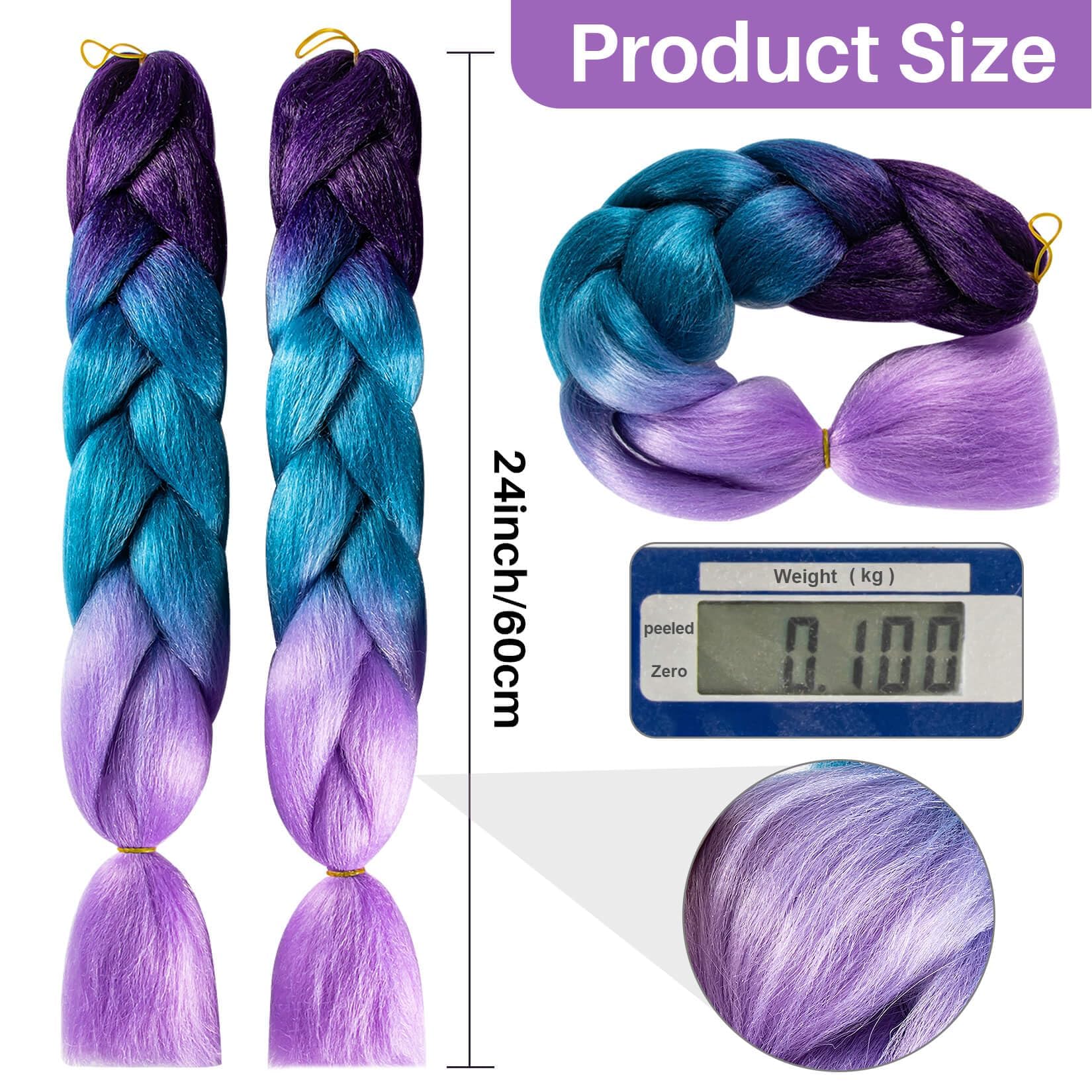 Maqihan 2 Pack Jumbo Braiding Hair - 24Inch Purple-Lake Blue-Light Purple Braiding Hair Synthetic Hair Extensions Rainbow Braidi