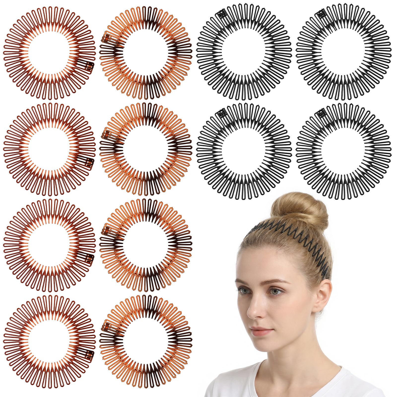 Mabor 12Pcs Circular Stretch Comb Headband, Flexible Zig Zag Headbands