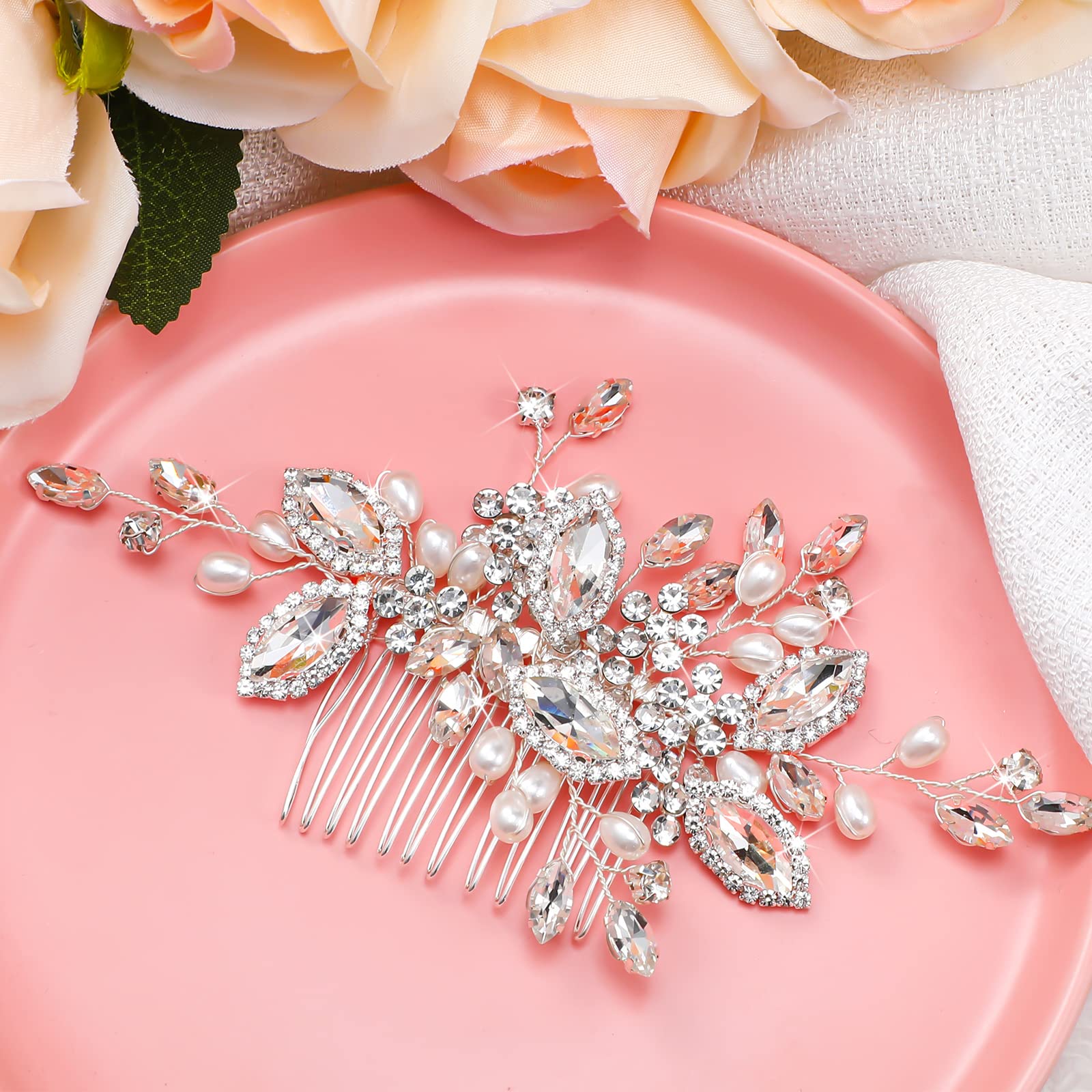 Geosar Wedding Hair Comb Set - 5 Pcs Silver Pearl Rhinestone Flower Hair Accessories, 4.7 x 3.2 Inch for Brides and Women