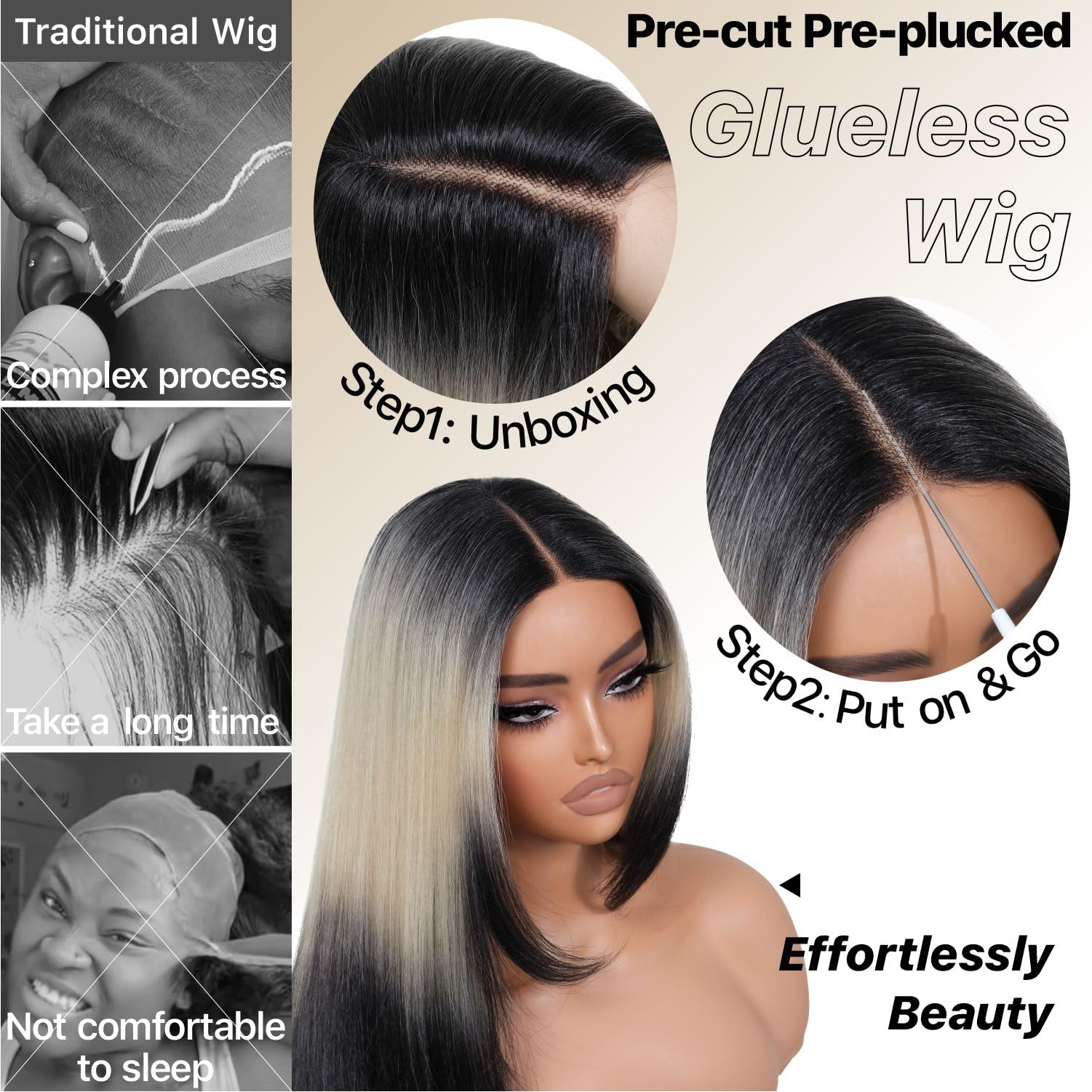 BrownBomb Ombre Blonde Black Wear and Go Glueless Wigs Pre Plucked Pre Cut for Beginners Synthetic Lace Front Wigs With Bangs Lo