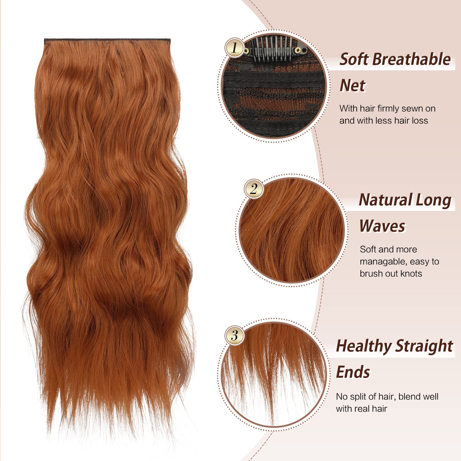 FESHFEN Clip in Hair Extensions - 4 PCS Long Wavy Copper Red Thick Clip in Hairpieces Full Head Synthetic Hair Extension for Wom