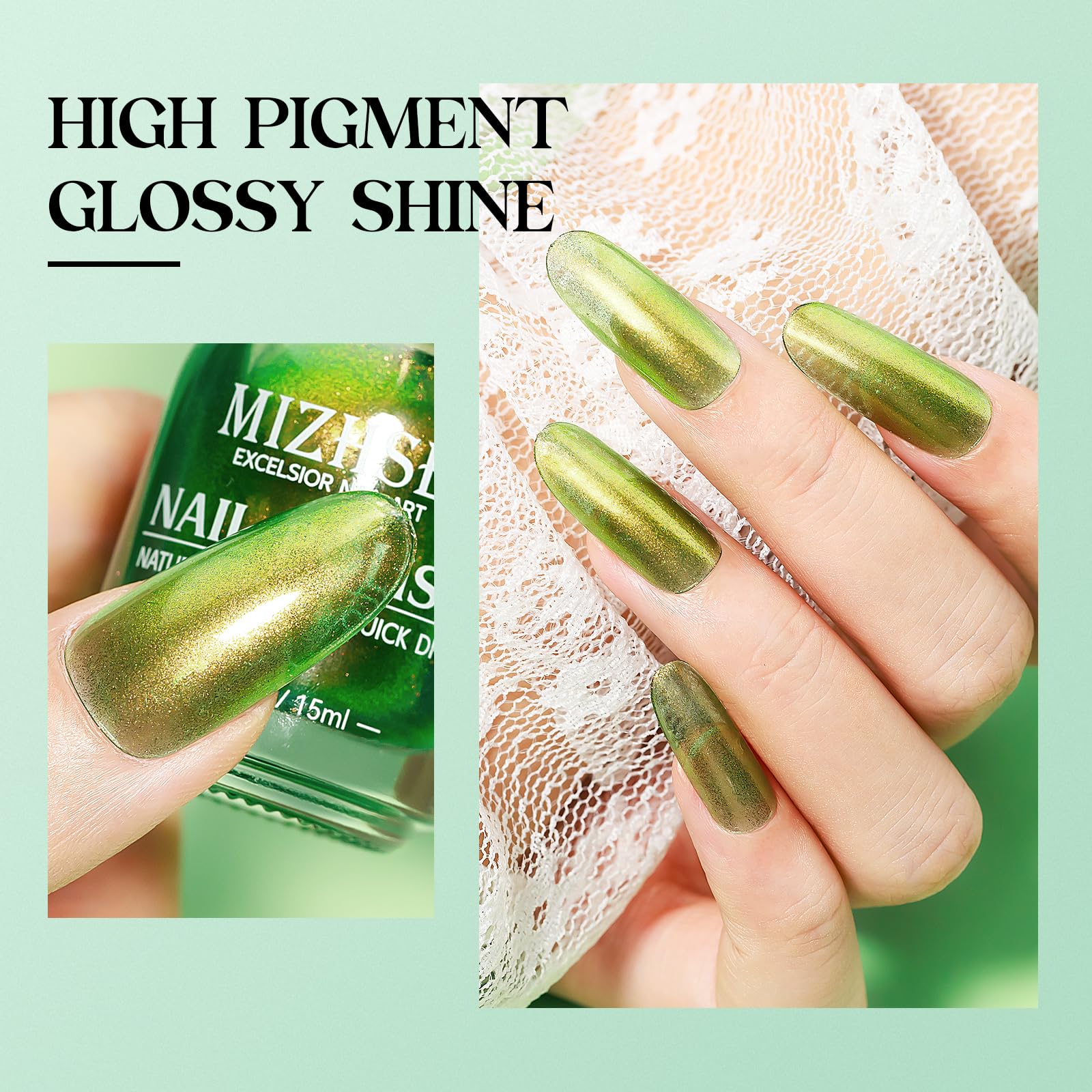 Mizhse Quick Dry Nail Polish, Holographic Neon Green Nail Polish Air Dry Fast, 15Ml/0.5 Fl Oz Regular Shiny Glitter Oil-Based Sh