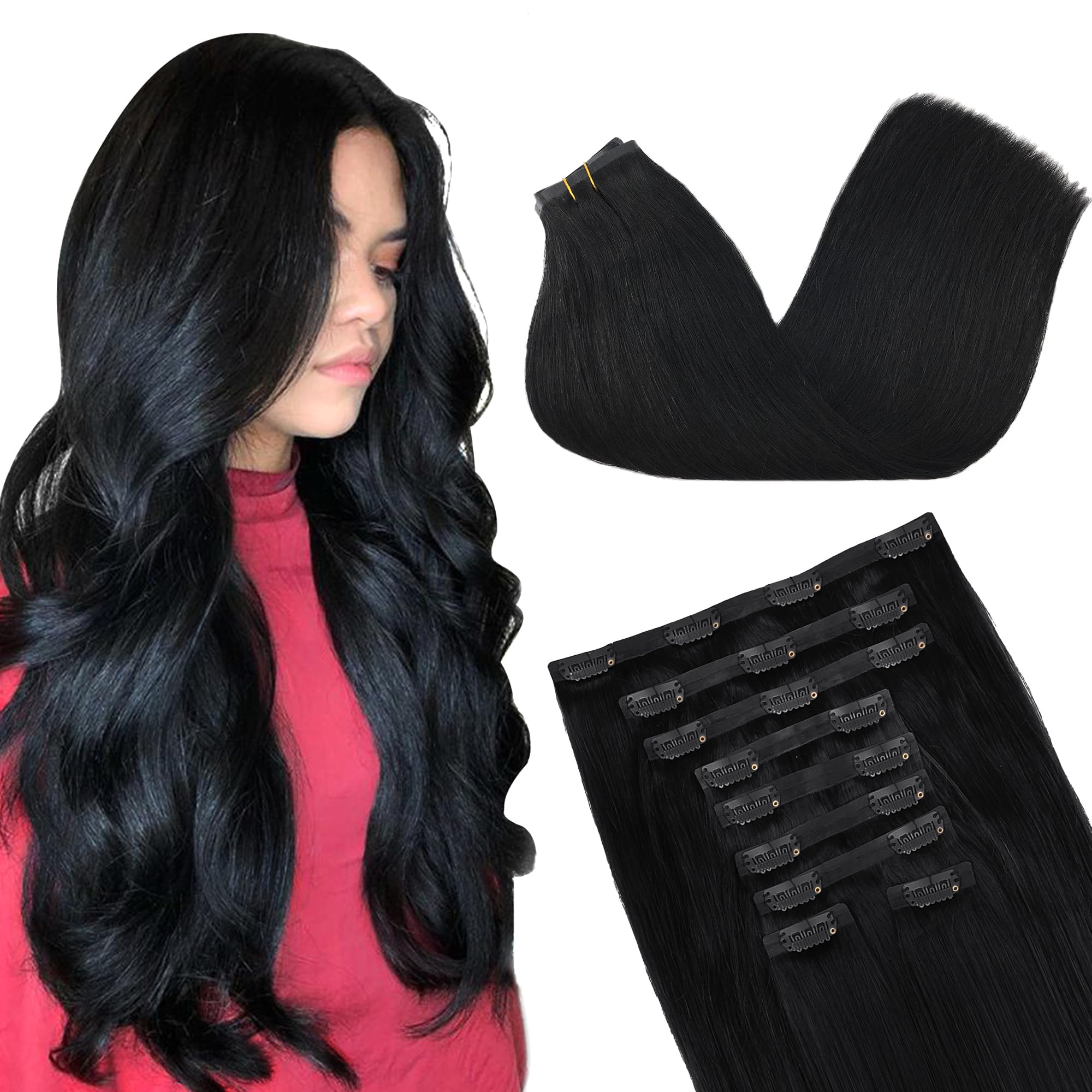 GOO GOO Clip in Hair Extensions Real Human Hair, 14inch 130g 9Pcs, 1 Jet black, Remy Human Hair Extensions Clip ins for Women, N