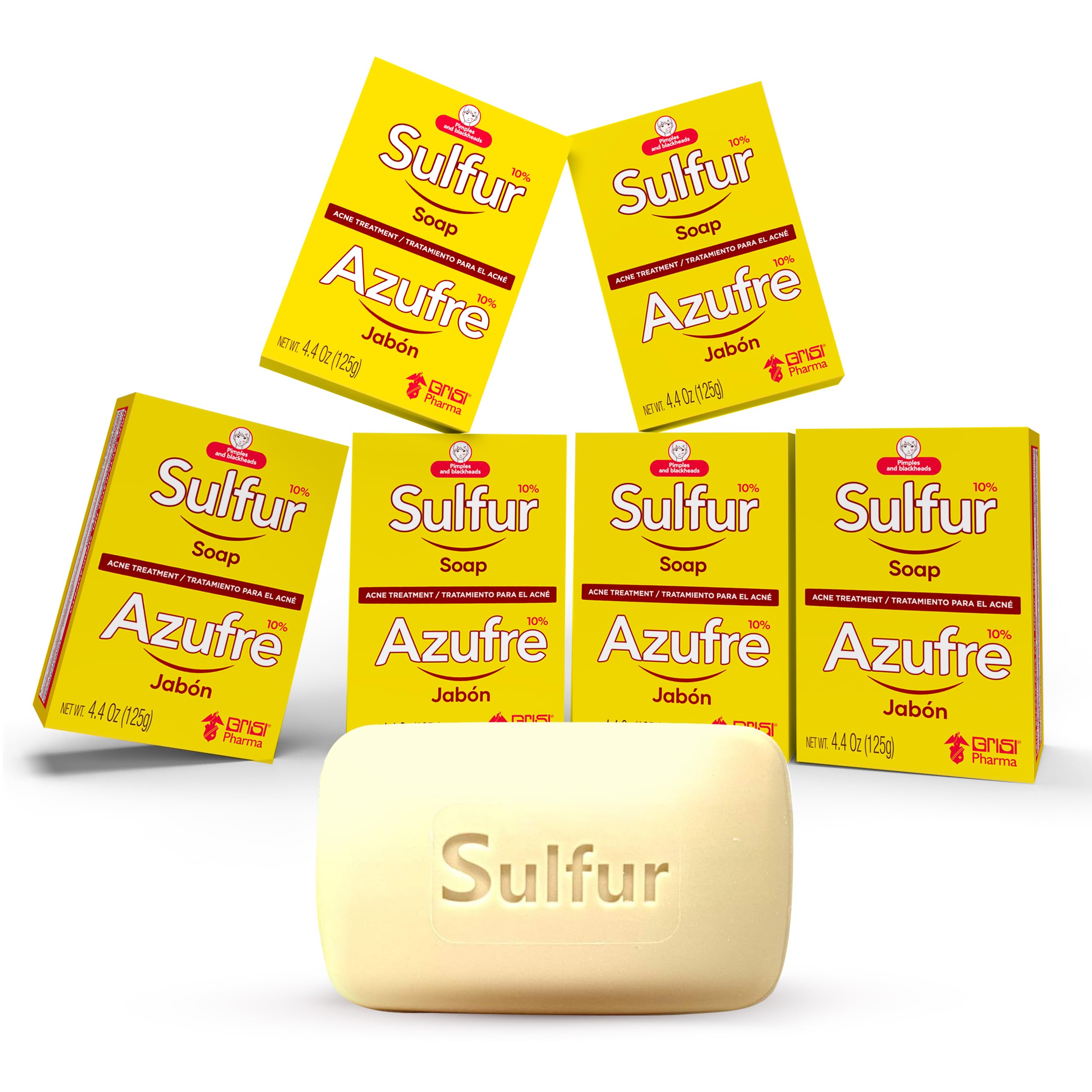 Grisi Sulfur Soap for Acne Treatment, Deep Cleansing Bar with 10% Azufre, Reduces Breakouts and Excess Oil, 4.4 oz, 6Pack