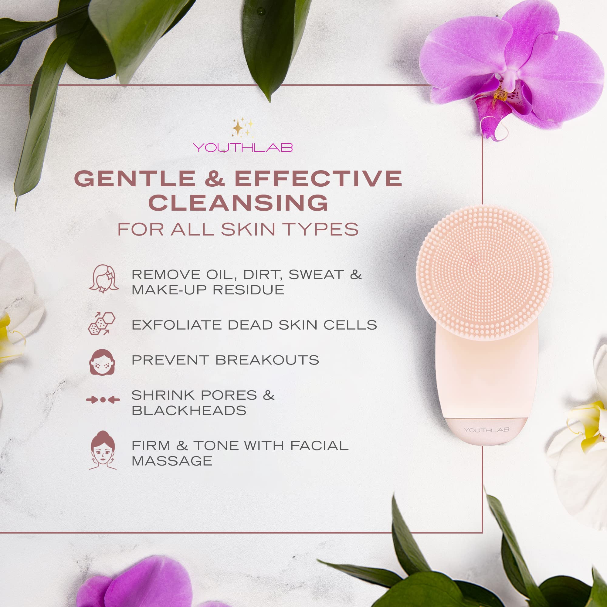 Youthlab Soniglow, Pink, Silicone Facial Skin Cleansing Brush, Electric, Vibrating, Scrubber, Hygienic, Exfoliation, Massage, Fi