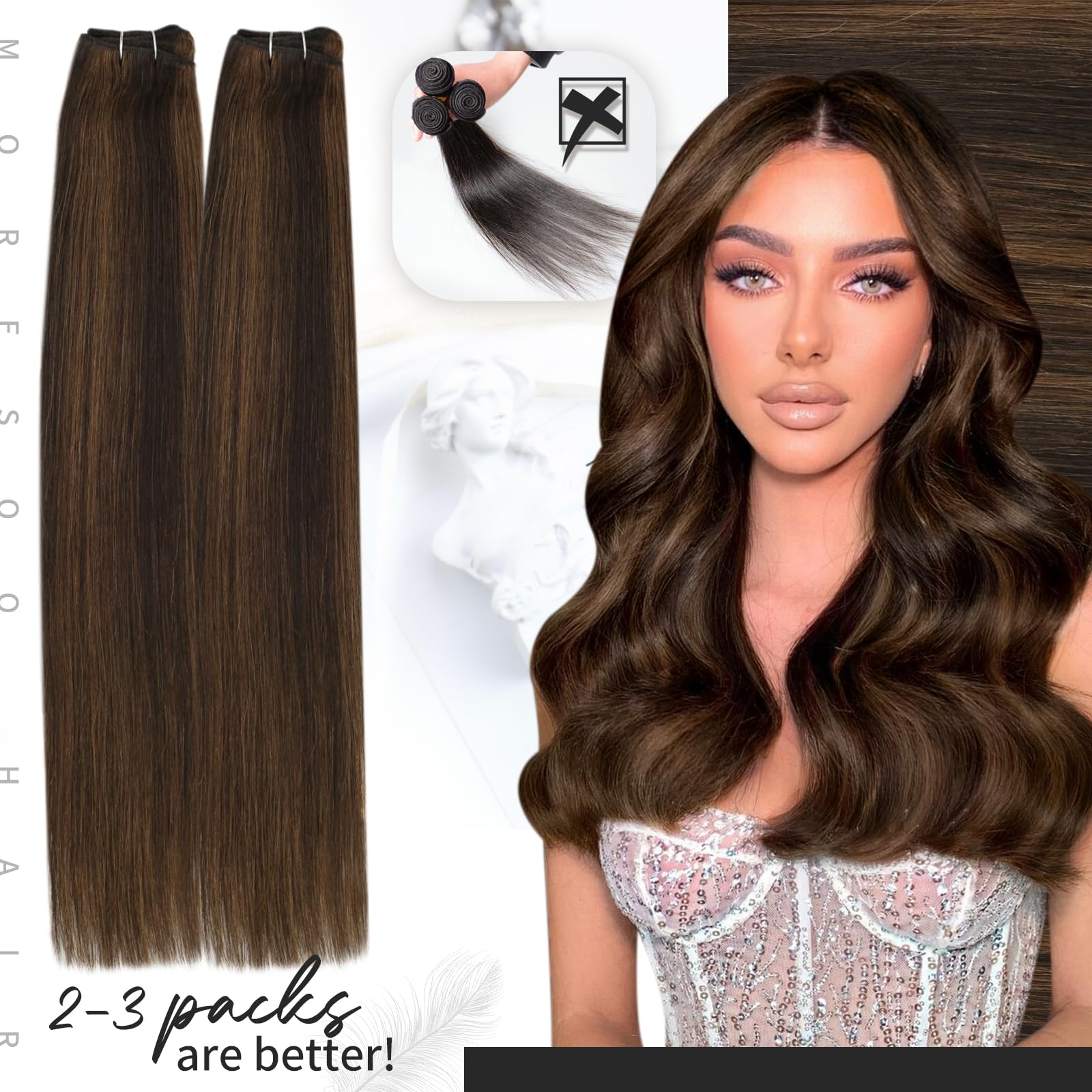 Moresoo Weft Hair Extensions Human Hair Brown Highlight Remy Sew In Weft Human Hair Extensions Darkest Brown With Light Brown Ha