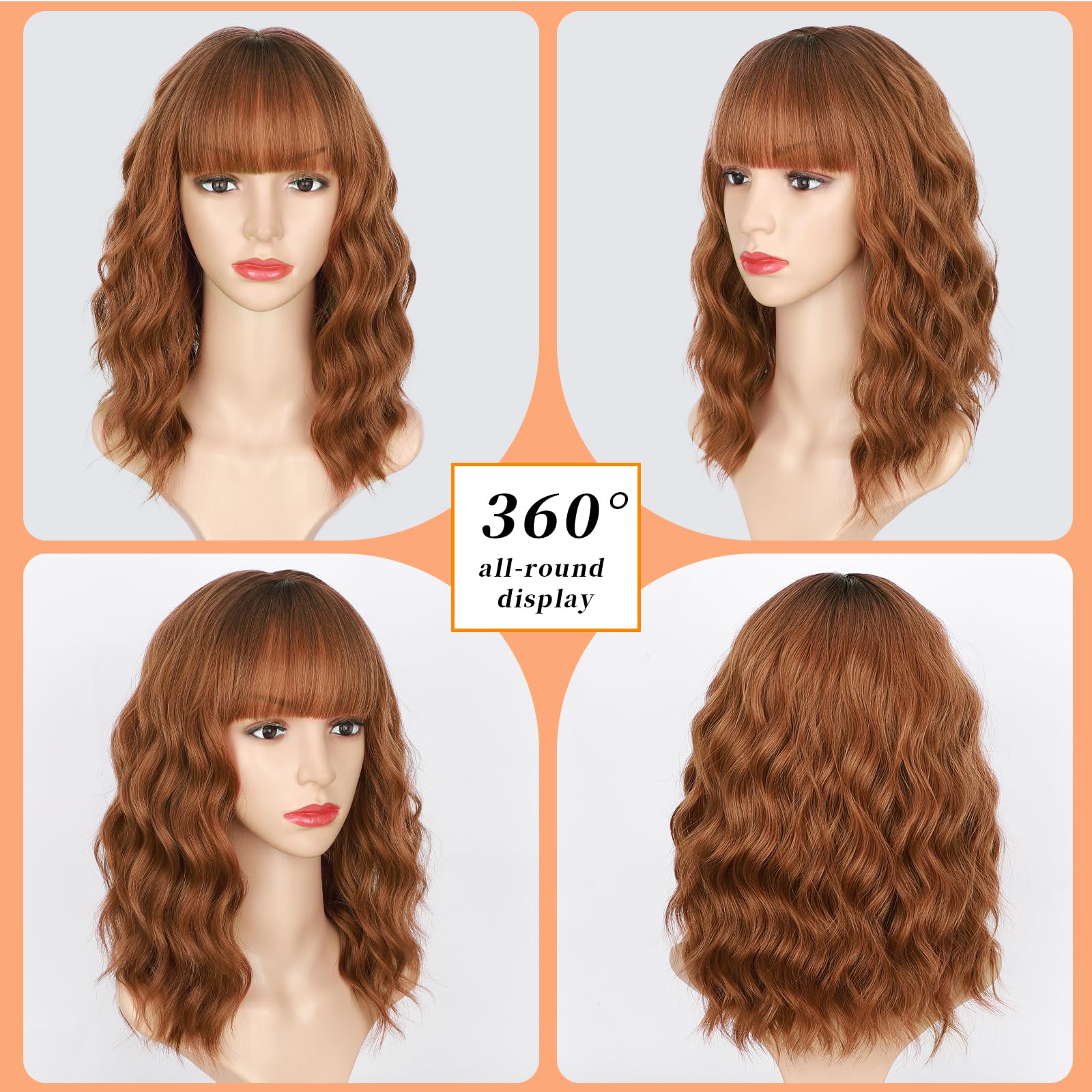 Lativ Auburn Wig With Bangs Short Bob Wigs For Women Shoulder Length Ginger Wavy Curly Wigs Synthetic Fiber Wigs 14 Inches For D