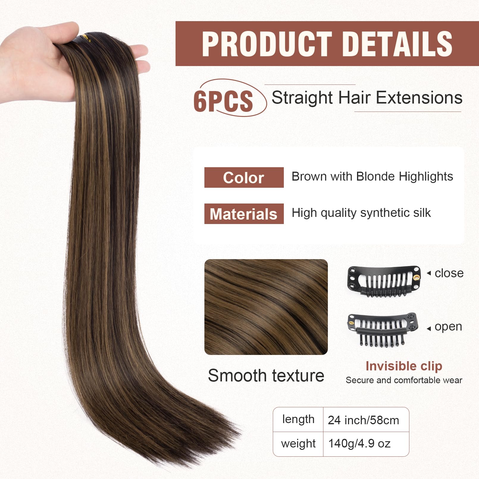 Flufymooz 6Pc Clip In Hair Extensions 24'' Straight Long Extensions For Women Synthetic Hairpiece (Black Brown With Highlights)