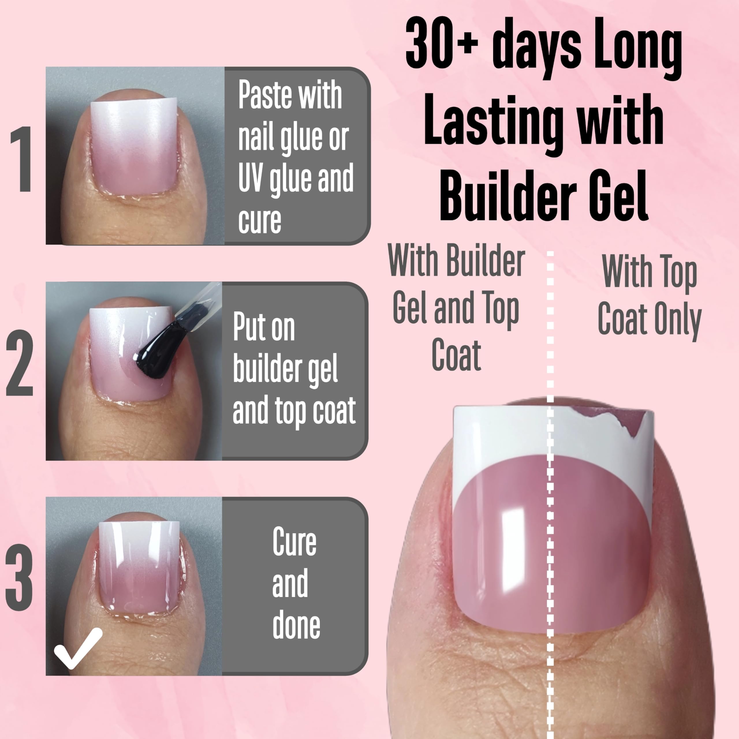 NOVO OVO Ombre French Tip Press on Toe Nail Tips, Sharp Square Pre-Designed Soft Gel False Toenail Extension, BERRY PINK Pre-app