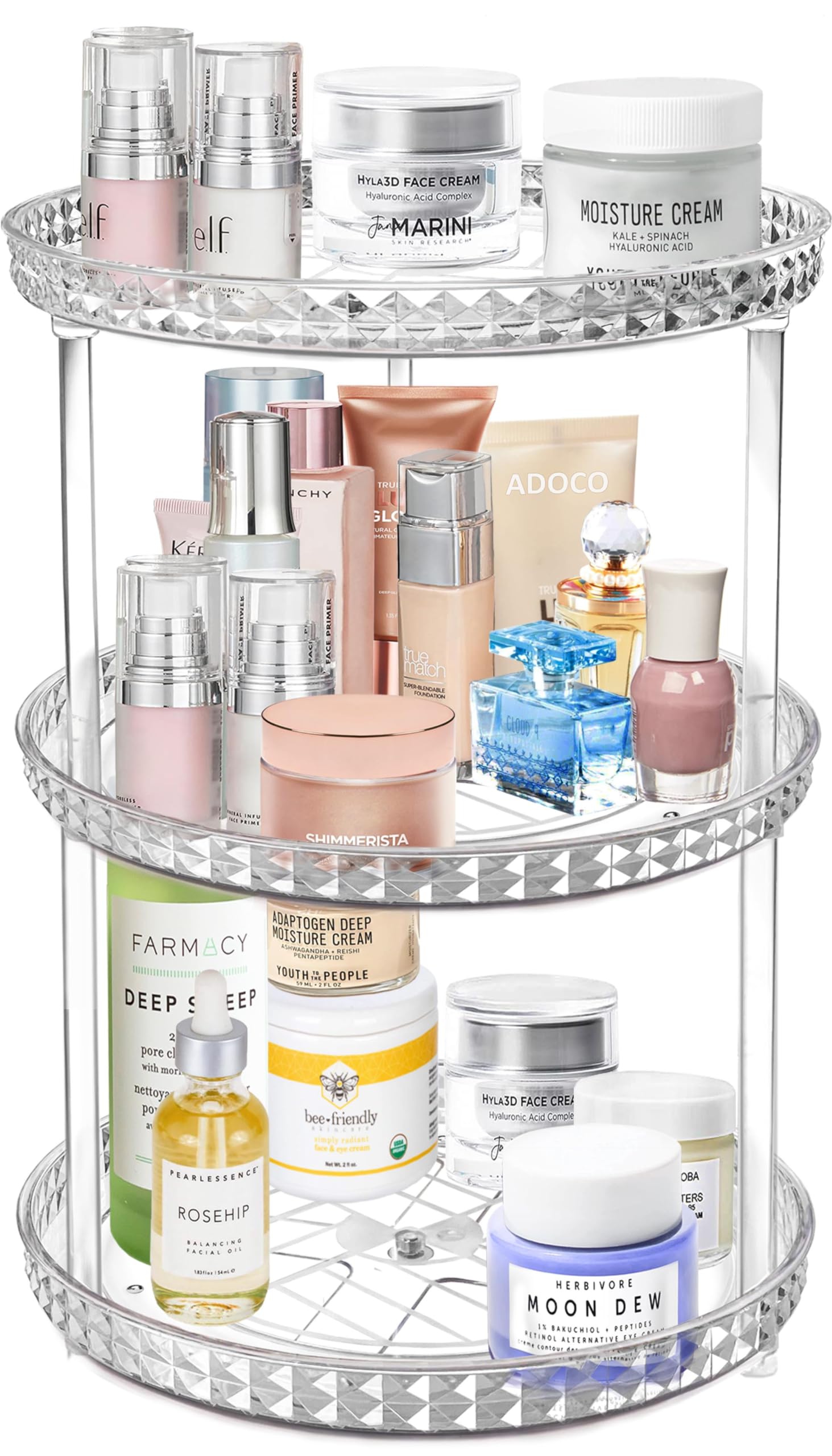 3 Tier Diamond Lazy Susan Bathroom Organizer Countertop, Clear 360 Rotating Cosmetic Makeup Organizer For Vanity, Skincare Organ