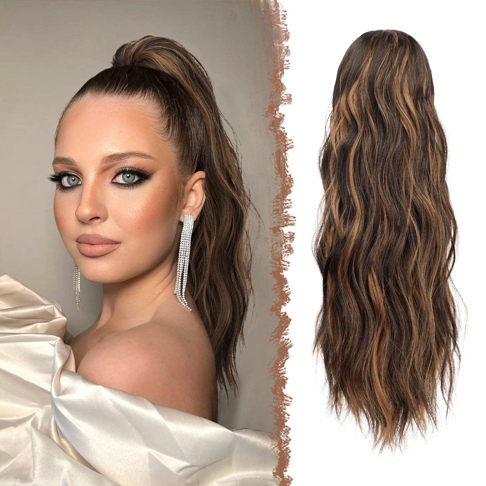 FESHFEN Ponytail Extensions, Drawstring Ponytails Hair Extension Black & Caramel Brown Long Curly Wavy Hair Piece Synthetic Pony