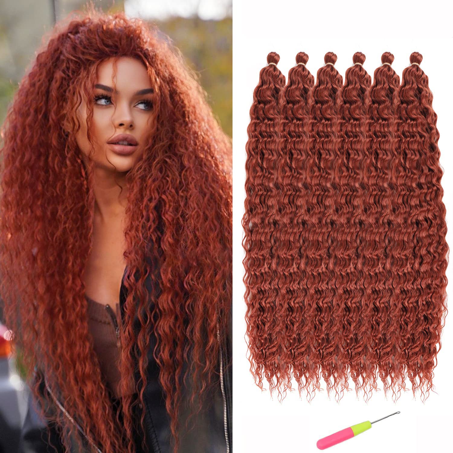 Ginger Ocean Wave Crochet Hair 30 inch 6packs Wavy Braiding Crochet Hair Curly Crochet Synthetic Hair Extensions for Black Women