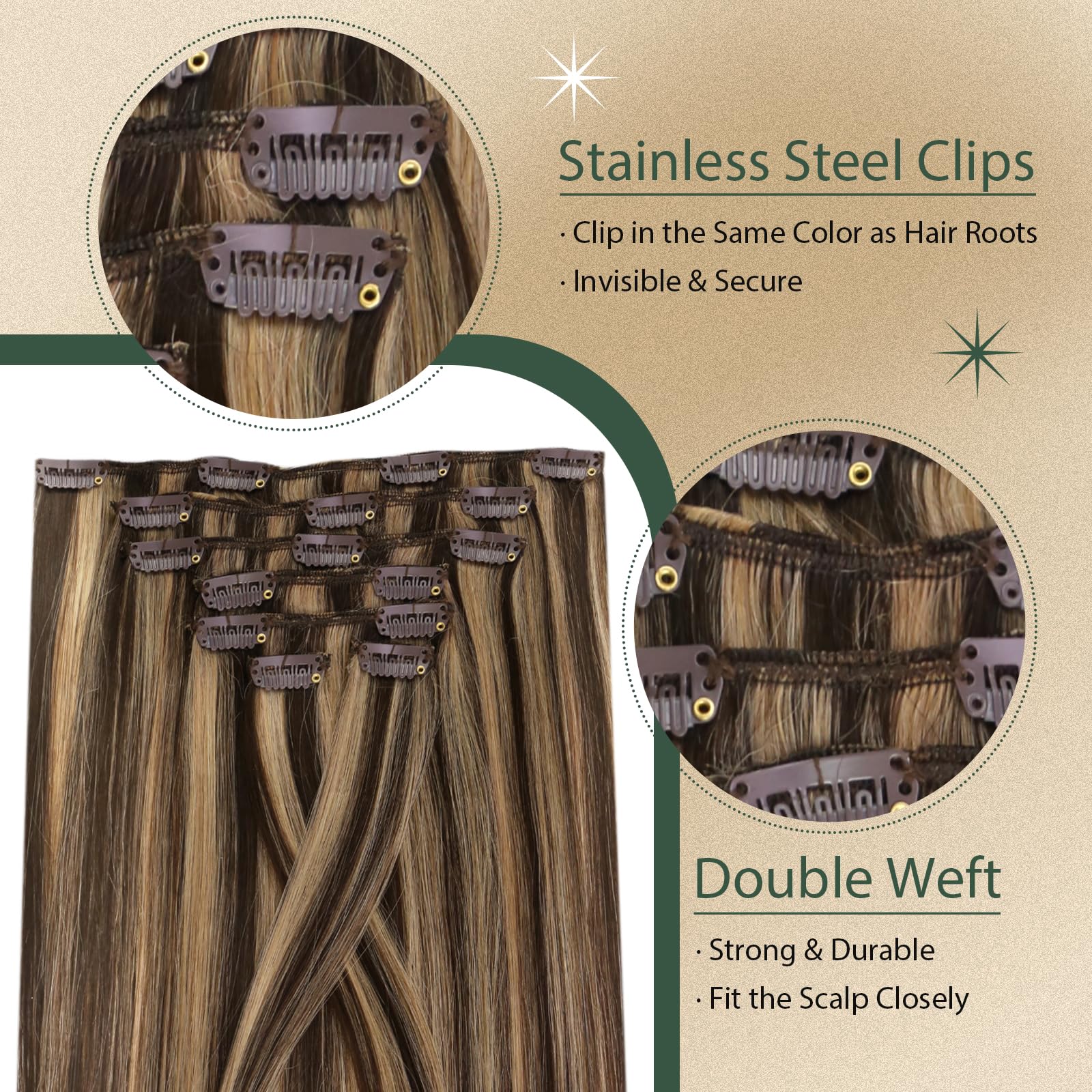 Ugeat 22 Inch Hair Extensions Clip In Human Hair Dark Brown Highlight Caramel Blonde Real Hair Clip In Extensions Human Hair Thi