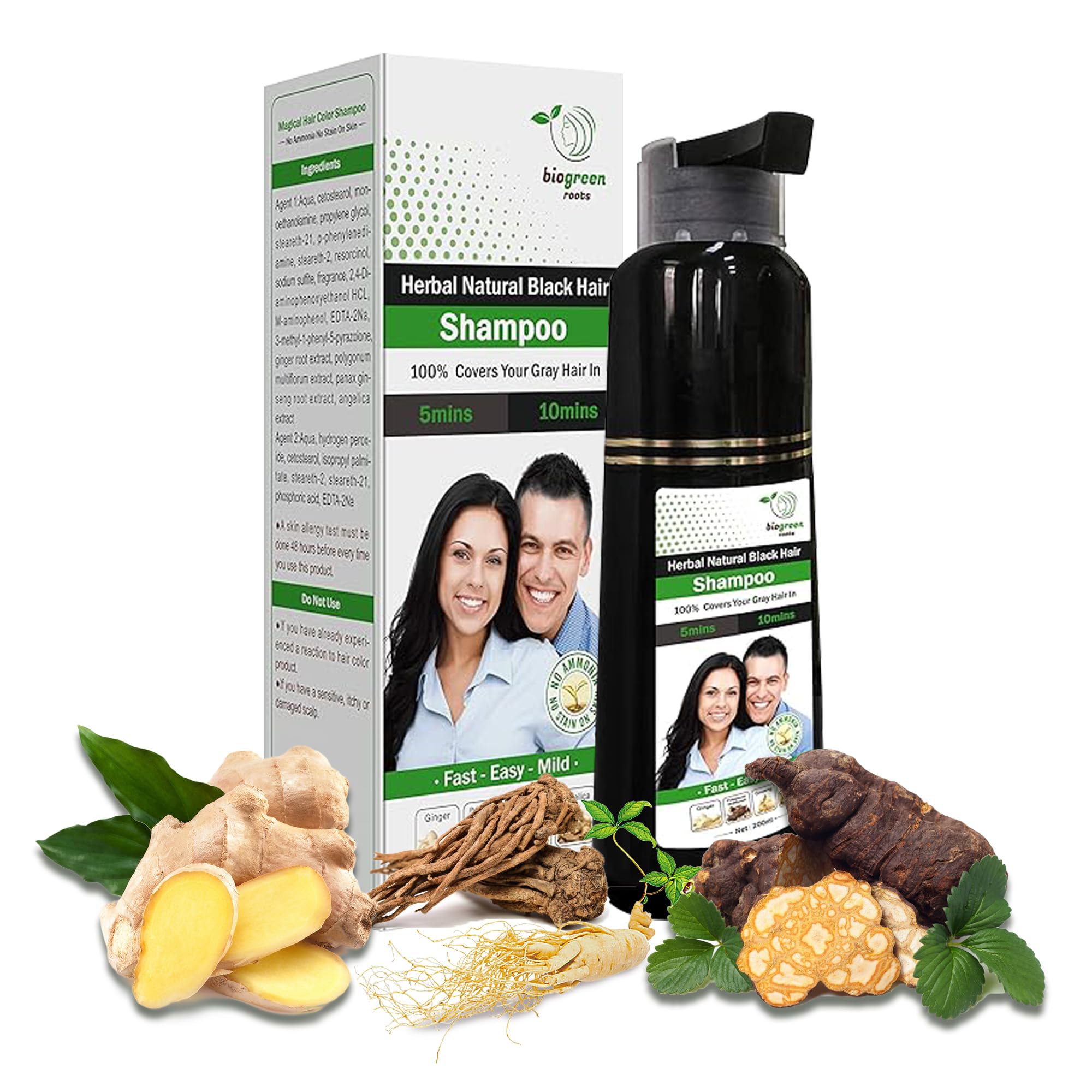 BIOgREEN ROOTS 200 ml Natural Black Hair color Shampoo With Herbals - Black Shampoo for grey Hair - covers gray Hair in 10 Minut