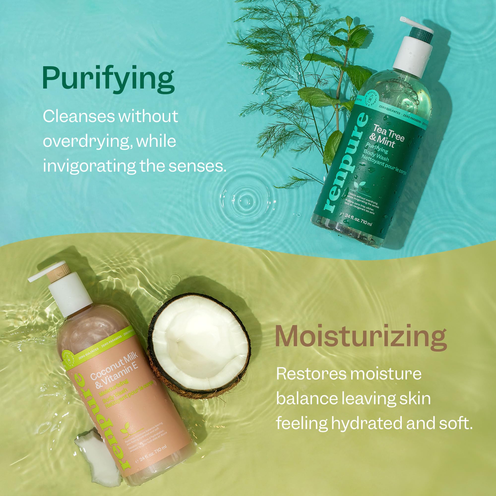 Renpure Tea Tree Mint Oil Body Wash, Antibacterial & Moisturizing, 24 Fl Oz, White, Sulfate Free for Dry Sensitive Skin
