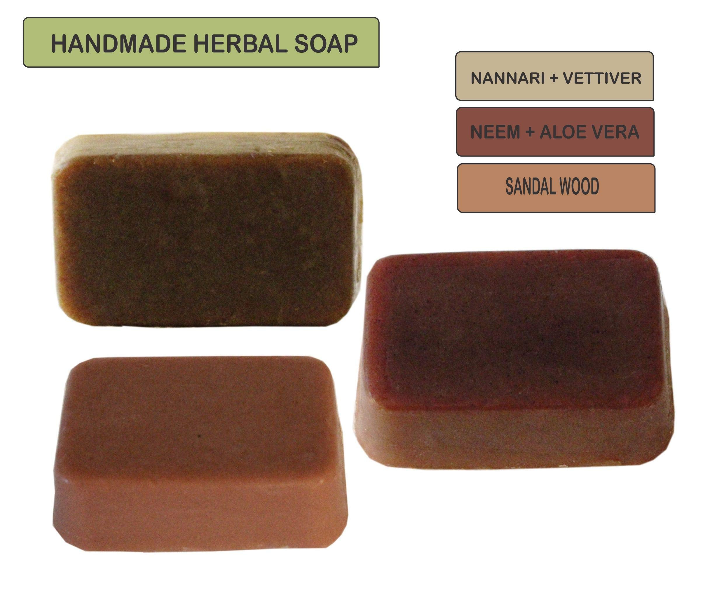 Neotea Handmade Herbal Soap Combo  Sandal, Nannari Vettiver, Neem Aloevera  225 G (Pack Of 3)