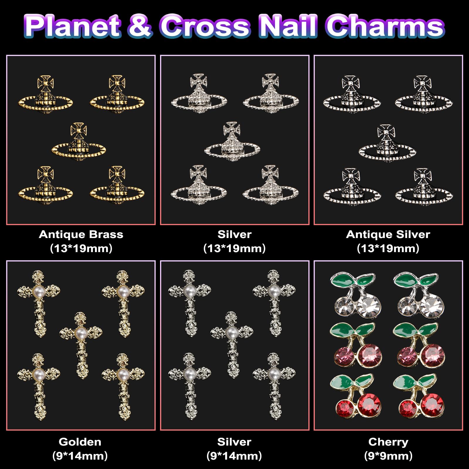 Assorted Variety Pearls Alloy 3D Nail Charms Colorful Heart Flower Butterfly Bow Nail Charms Planet Cross Cherry Metal Nail Char