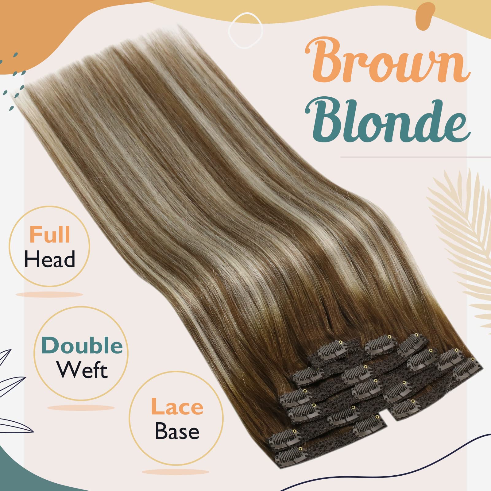 Sunny Clip on Hair Extensions Human Hair Balayage Clip in Hair Extensions Ombre Meidum Brown to Platinum Blonde Invisible Clip i