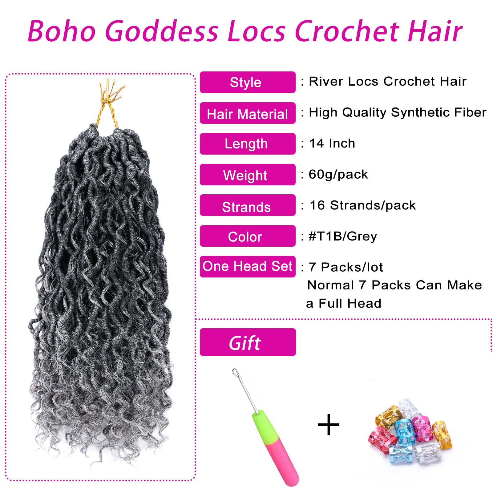 Goddess Locs Crochet Hair 14 Inch 7 Packs Ombre Grey Boho Faux Locs Crochet Hair for Black Women Pre Looped Crochet Locs with Cu