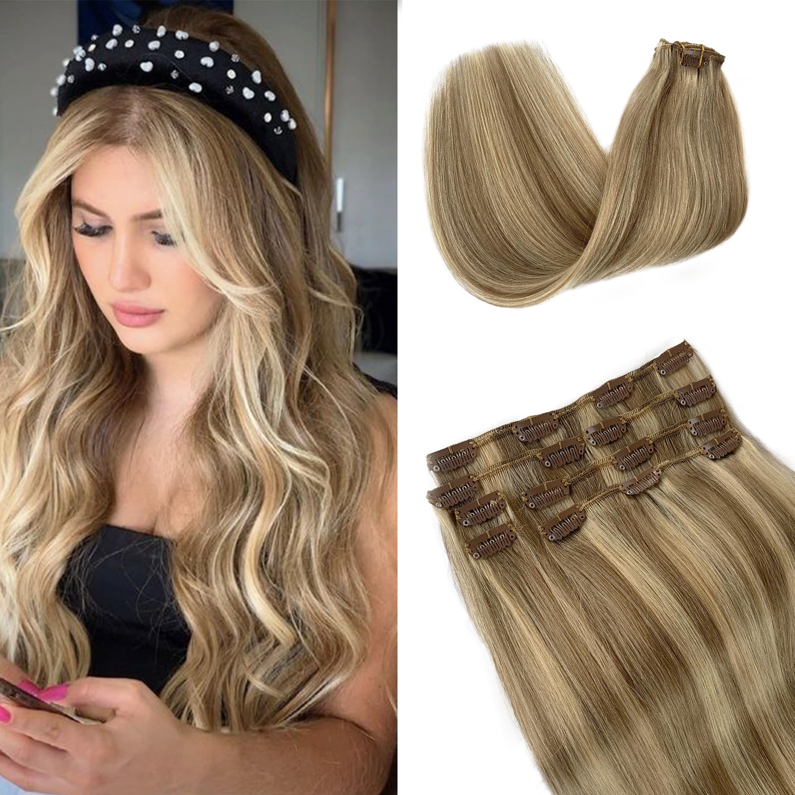 Clip In Hair Extensions Human Hair Light Blonde And Golden Blonde Real Human Hair Extensions Clip Ins 18 Inch Soft Silky Highlig