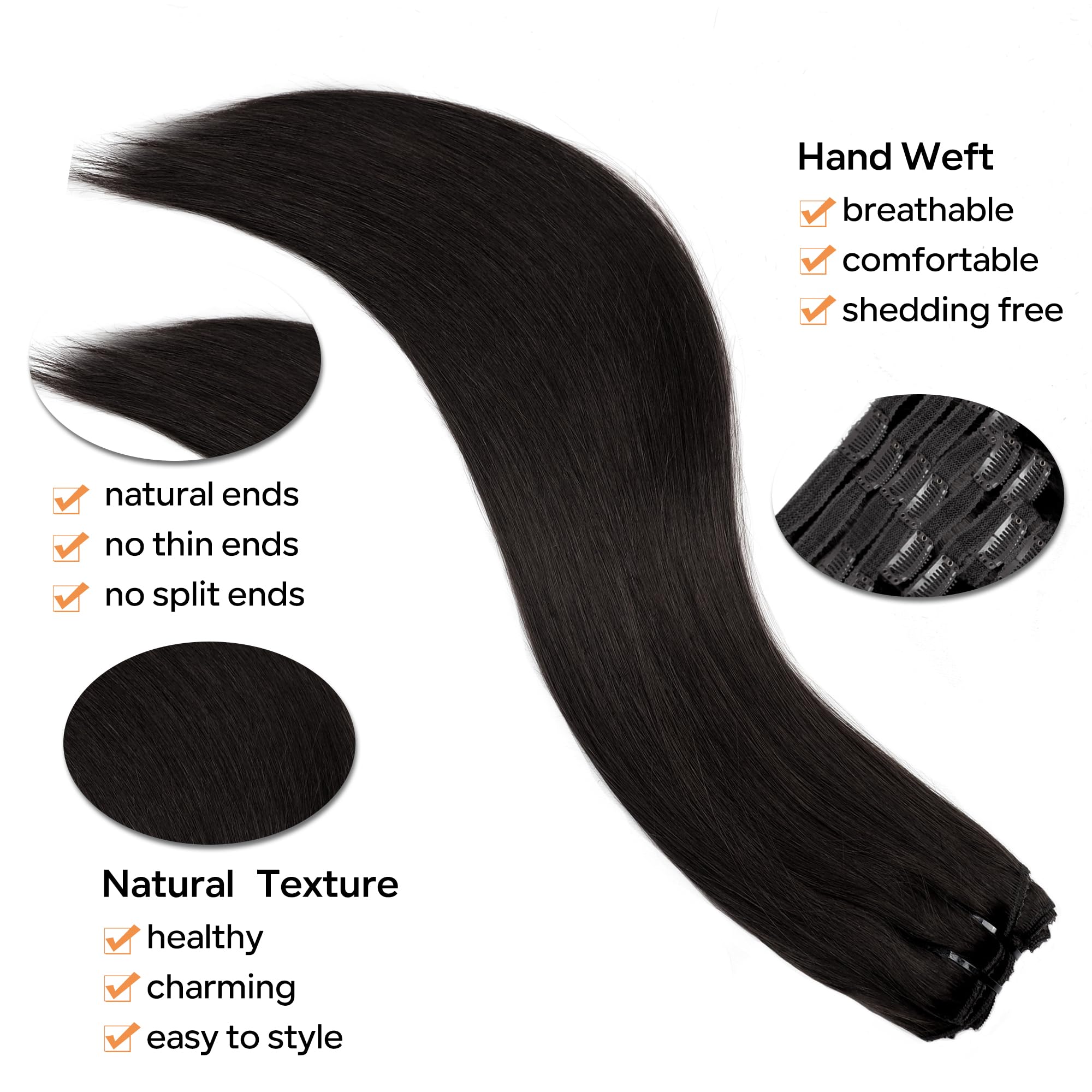 Pobokix Straight Clip In Hair Extensions Real Human Hair 8Pcs Clip In Jet Black Human Hair Extensions With 18Clips Lace Weft 120